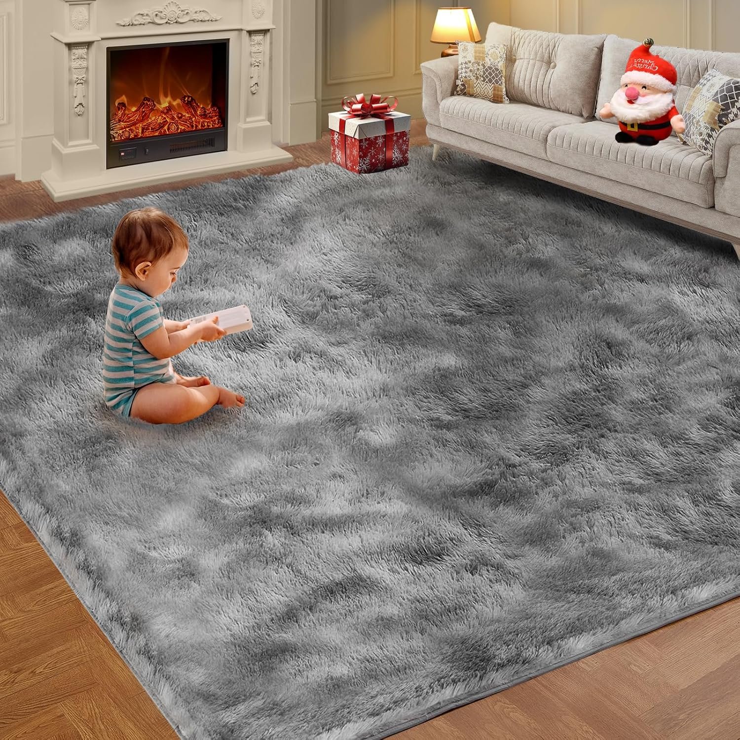 Ultra Soft Indoor Modern Area Rugs, 5×7 Tie-Dyed Light Grey Large Area Rugs for Living Room, Fluffy Shag Fuzzy Soft Carpet for Bedroom, Kids Home Decor Aesthetic, Nursery, Upgrade Anti-Skid