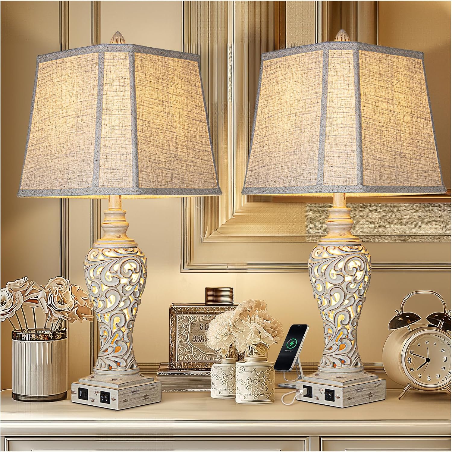 LuxSight Collection 28.5″ Table Lamps Set of 2 – Bedside Lamp with Fabric Shades – for Bedroom and Living Room with USB and Nightlight – Perfect for Nightstands and Bedrooms