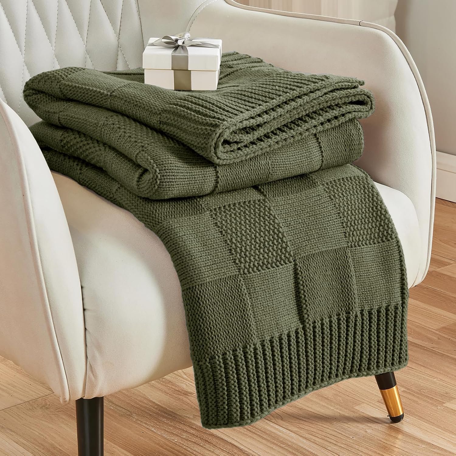 CozeCube Check Knit Throw Blanket, Olive Green Checkered Throw for Couch, Decorative Christmas Soft Cozy Warm Knitted Blanket for Bed Sofa Living Room, 60″X80″