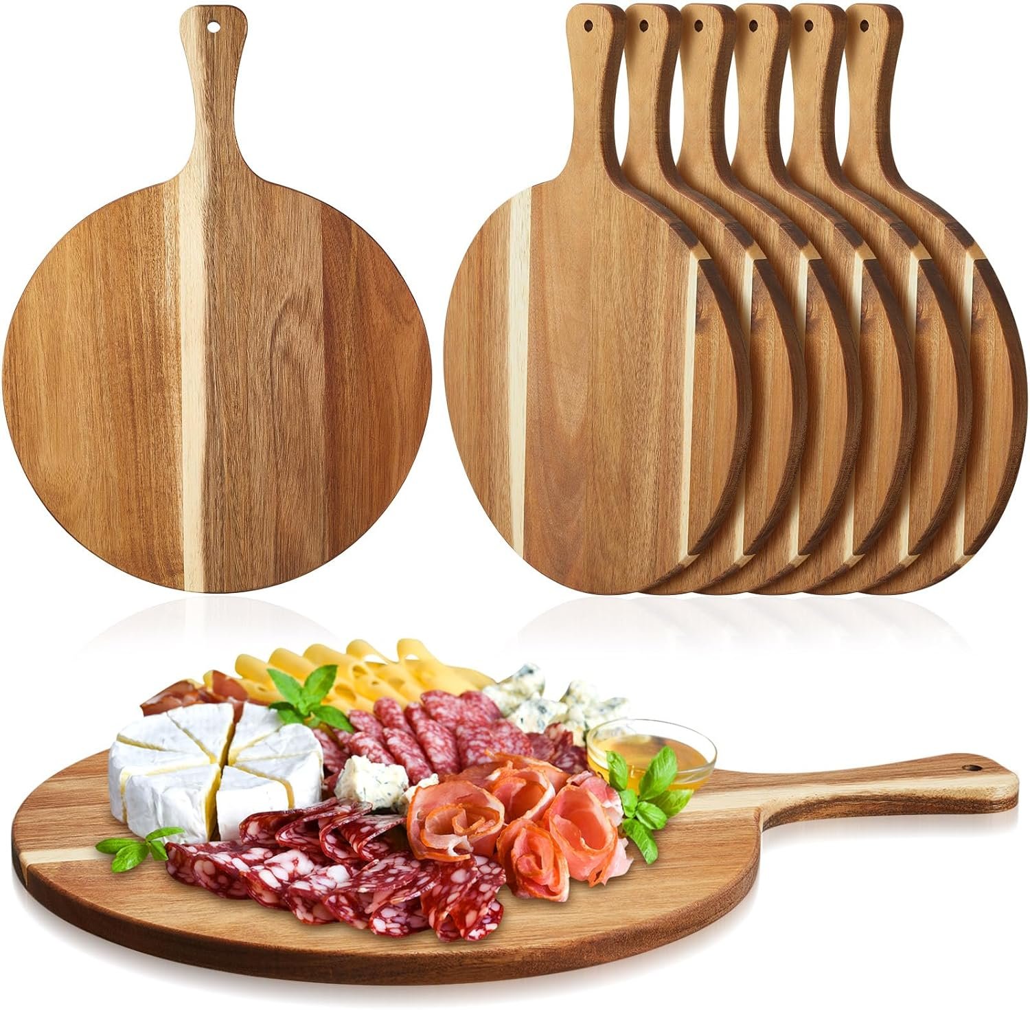 Sliner 6 Pcs Acacia Wood Round Cutting Board Bulk 0.6 Inch Thick Charcuterie Board with Handle Housewarming Gift Large Wooden Chopping Paddle for Cutting Pizza Cheese Meat Fruit(12 x 16 Inch)
