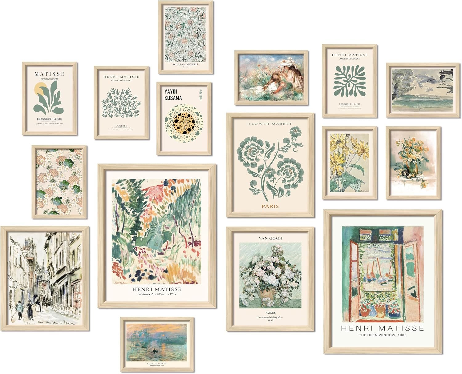 ANERZA 16 PCS Framed Sage Green Wall Art Decor, Matisse Wall Prints for Bedroom, Gallery Wall Frame Set, Abstract Posters for Living Room Aesthetic, Collage Kit Pictures, Boho Dorm Home Decor