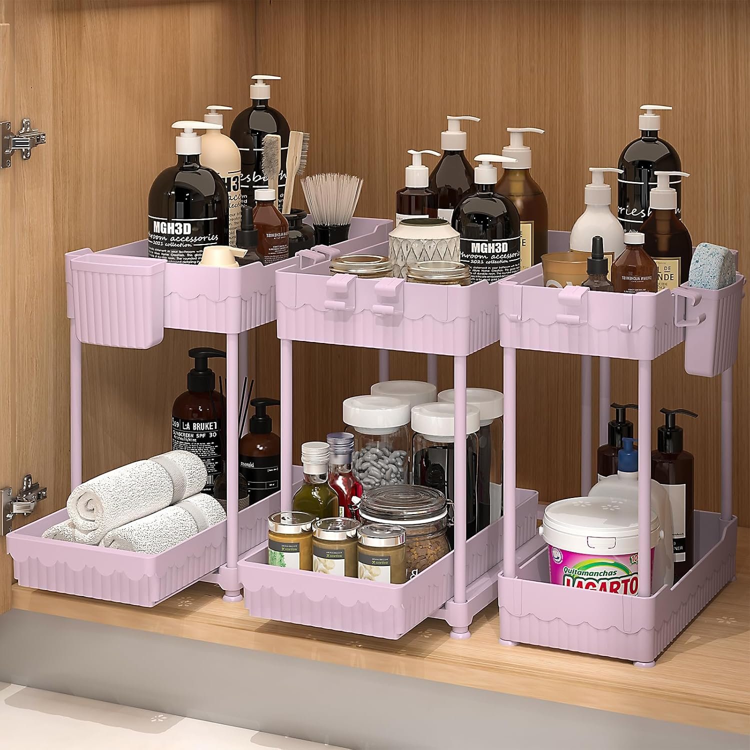 Sevenblue 3 Pack Under Sink Organizers, 2-Tier Multi-Use Kitchen and Bathroom Organizers and Storage with Sliding Drawers, Bathroom Cabinet Organizer (Pink, 14.8 Inch) | Multi-use kitchen & bathroom storage, 14.8 inch pink cabinet organizer, space-saving sliding drawer design.