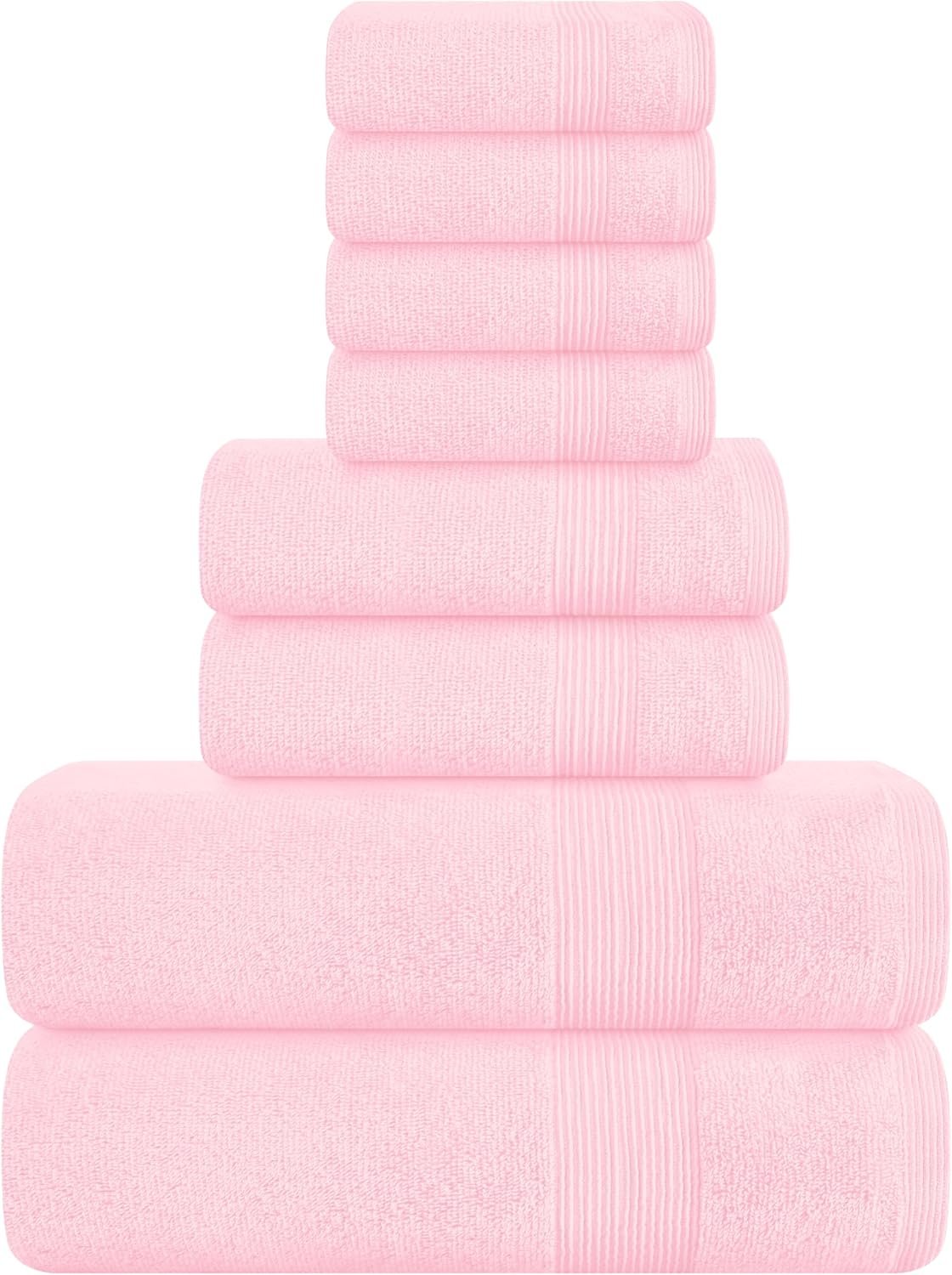 Belizzi Home 8 Piece Towel Set 100% Ring Spun Cotton, 2 Bath Towels 27×54, 2 Hand Towels 16×28 and 4 Washcloths 13×13 – Ultra Soft Highly Absorbent Machine Washable Hotel Spa Quality – Pink