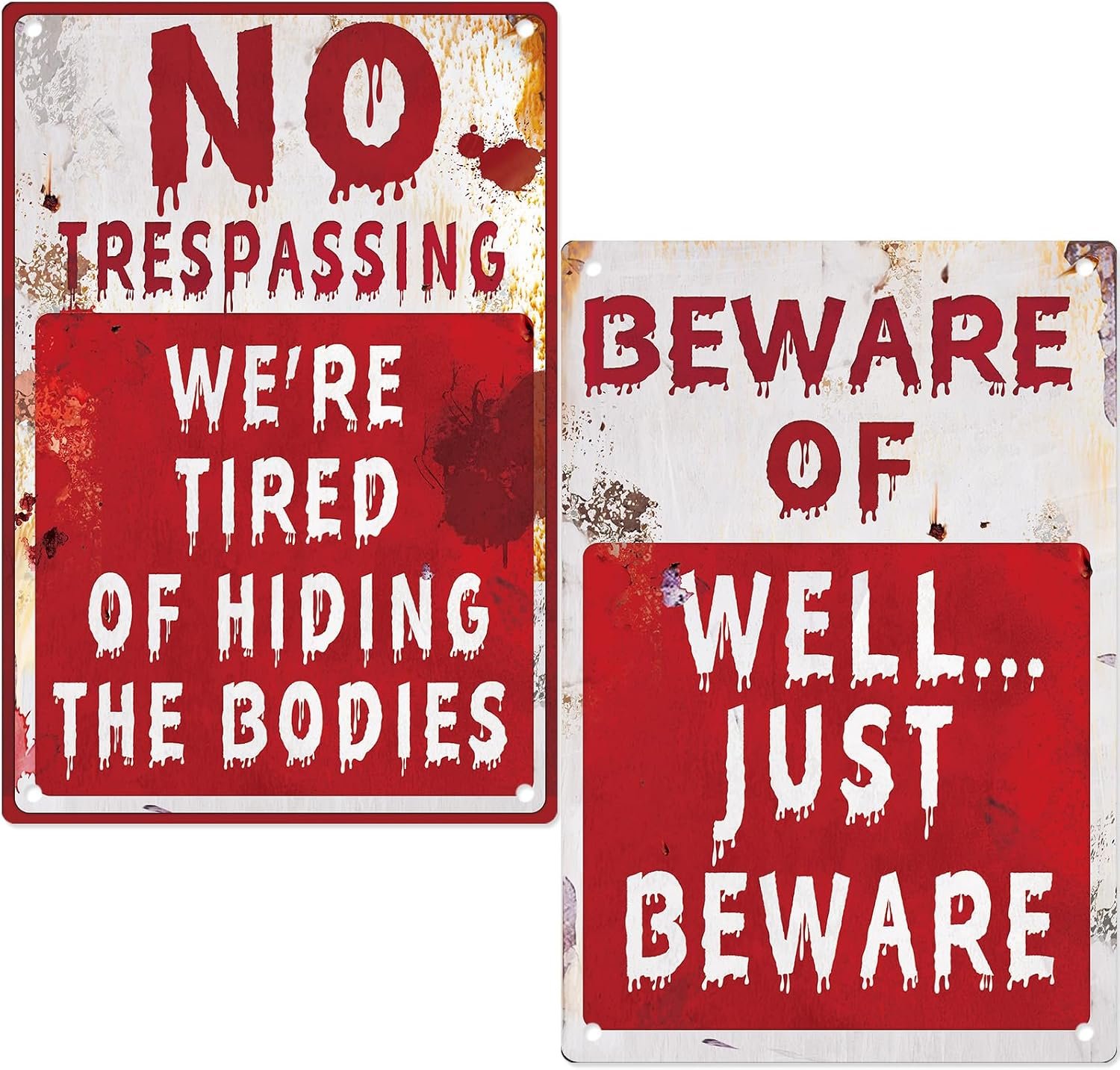 Halloween Decorations Signs no Trespassing Warning Metal Signs for Scary Outdoor Yard decor,Retro Halloween Decoration Outdoor Sign We’re Tired of Hiding The Bodies & Beware of Well Just Beware.