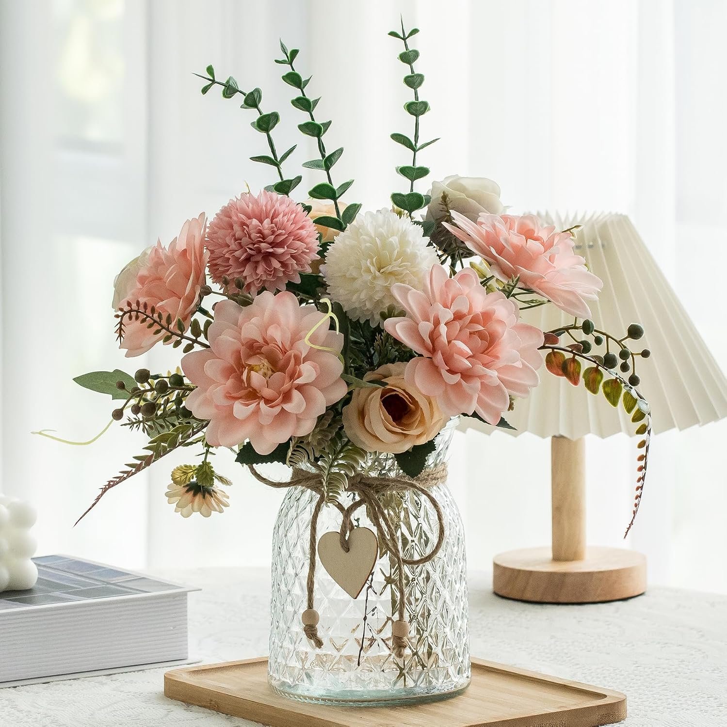 Fake Flowers with Vase,Faux Flowers in Vase for Home Decor,Silk Pink Dahlia Artificial Flowers with Vase for Coffee Table Decor,Living Room Bathroom Plant Decor, Centerpiece Table Decorations