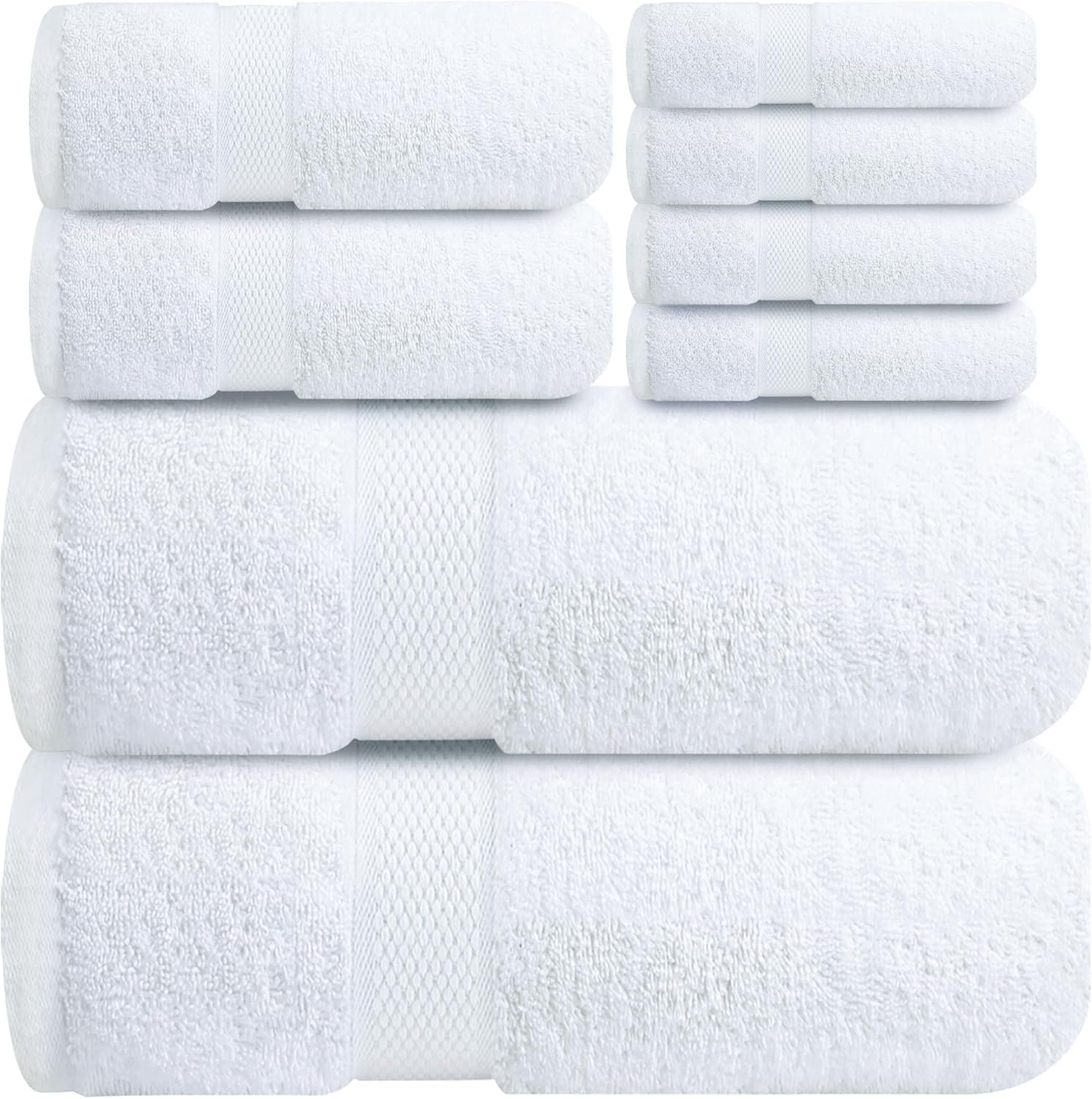 Infinitee Xclusives Luxury 100% Cotton Towel Set – 8 Piece Bathroom Towel Set (2 Bath Towels, 2 Hand Towels, 4 Washcloths) – Soft & Absorbent Towels for Bathroom (Brilliant White)