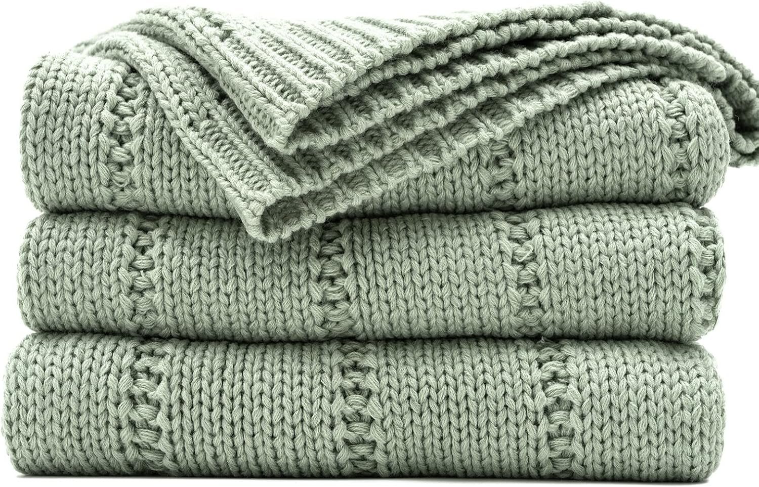 RECYCO Cable Knit Sage Green Throw Blanket Twin Size for Couch, Super Soft Warm Cozy Decorative Knitted Throw Blanket 3.6LB for Bed, Sofa, Chair Large 60″x80″