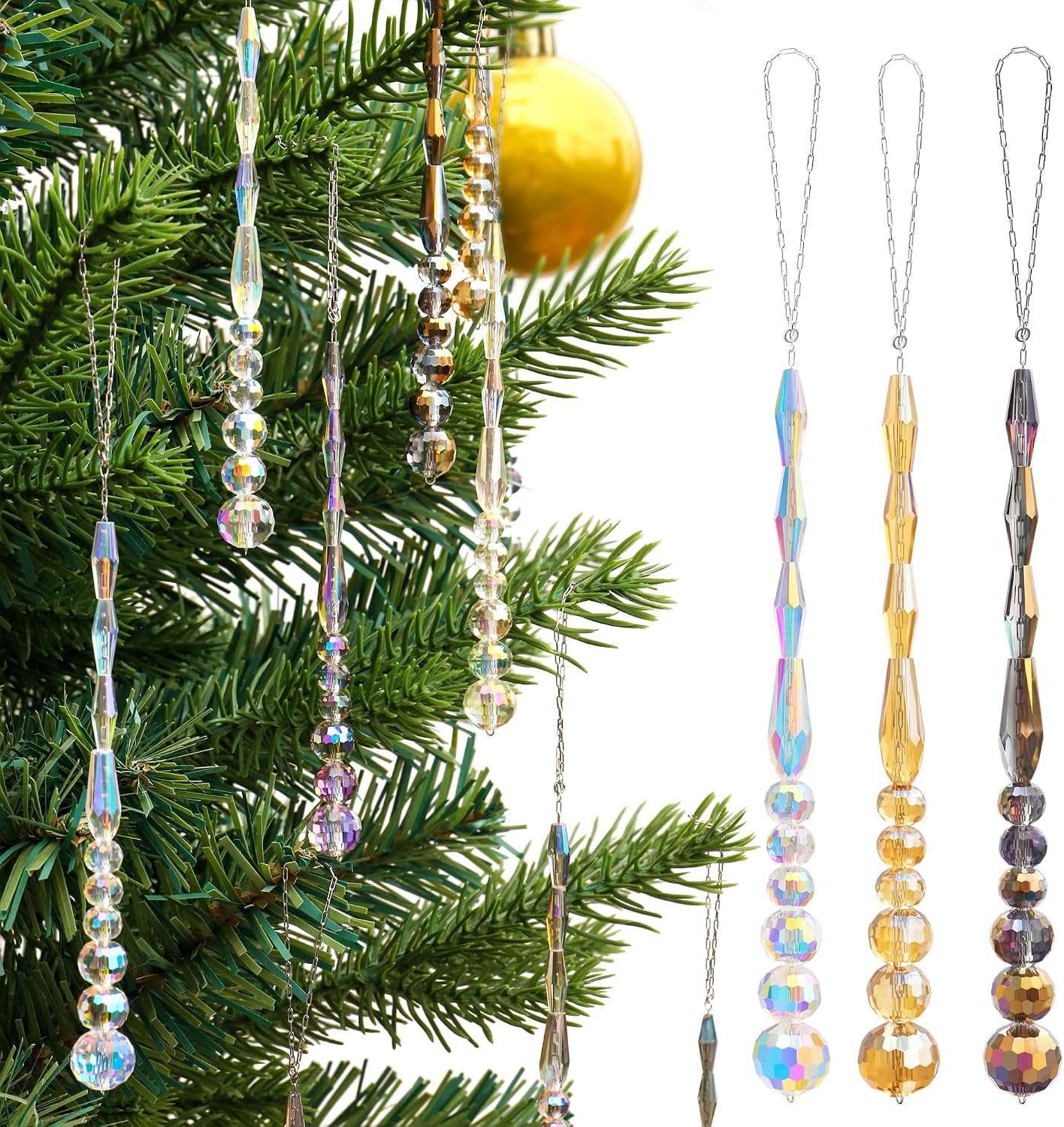 12pcs Crystal Icicle Christmas Tree Ornaments, Glass Beads Hanging Chandelier Pendants for Christmas Party Wedding Winter Decorations (Multicolor)