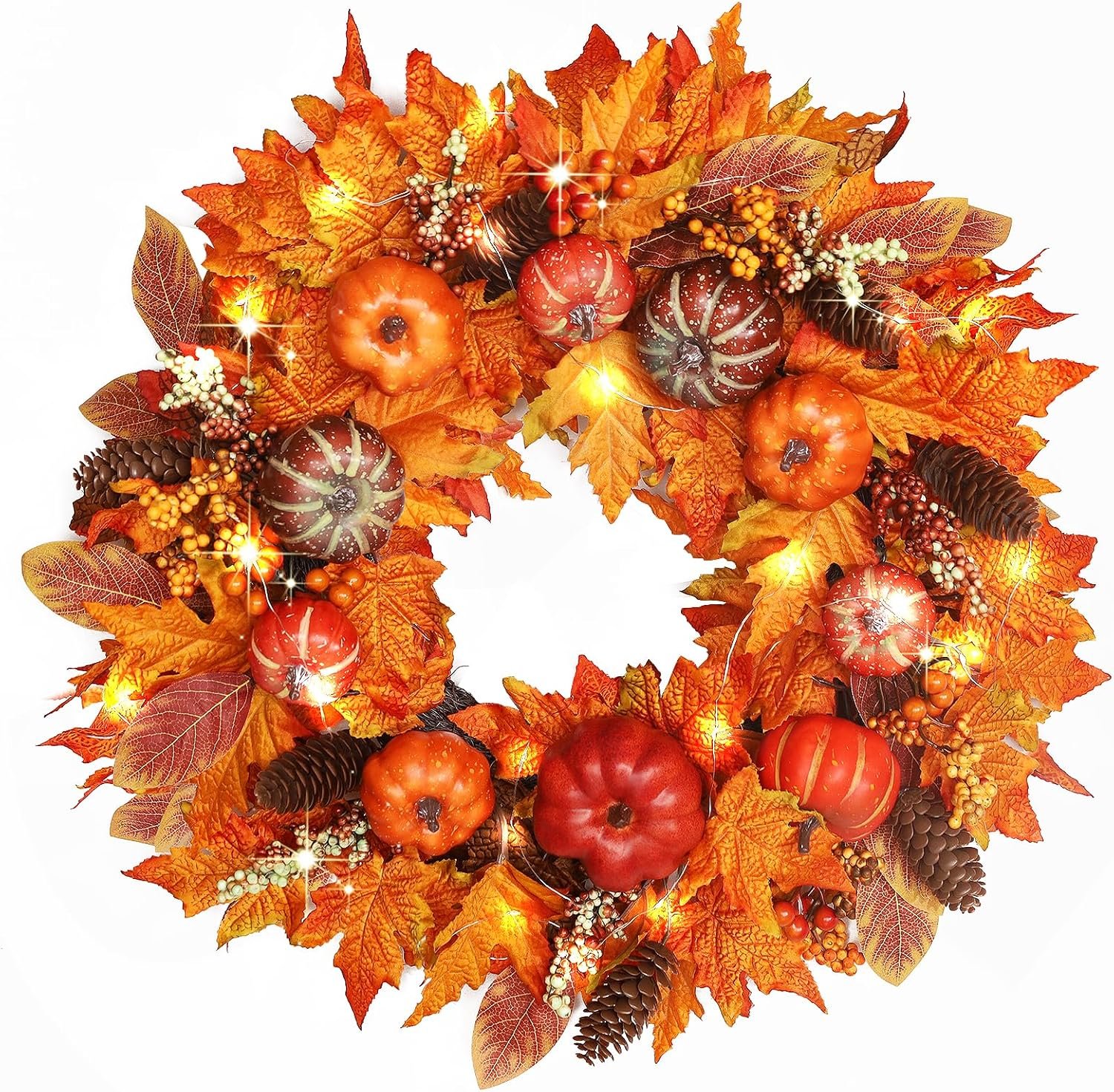 20 Inch Fall Wreaths for Front Door, Autumn Wreath with Pumpkin Maple Leaves Berry Pinecone Fall Decorations for Home Thanksgiving Porch Wall Window Outside Indoor Harvest Decor