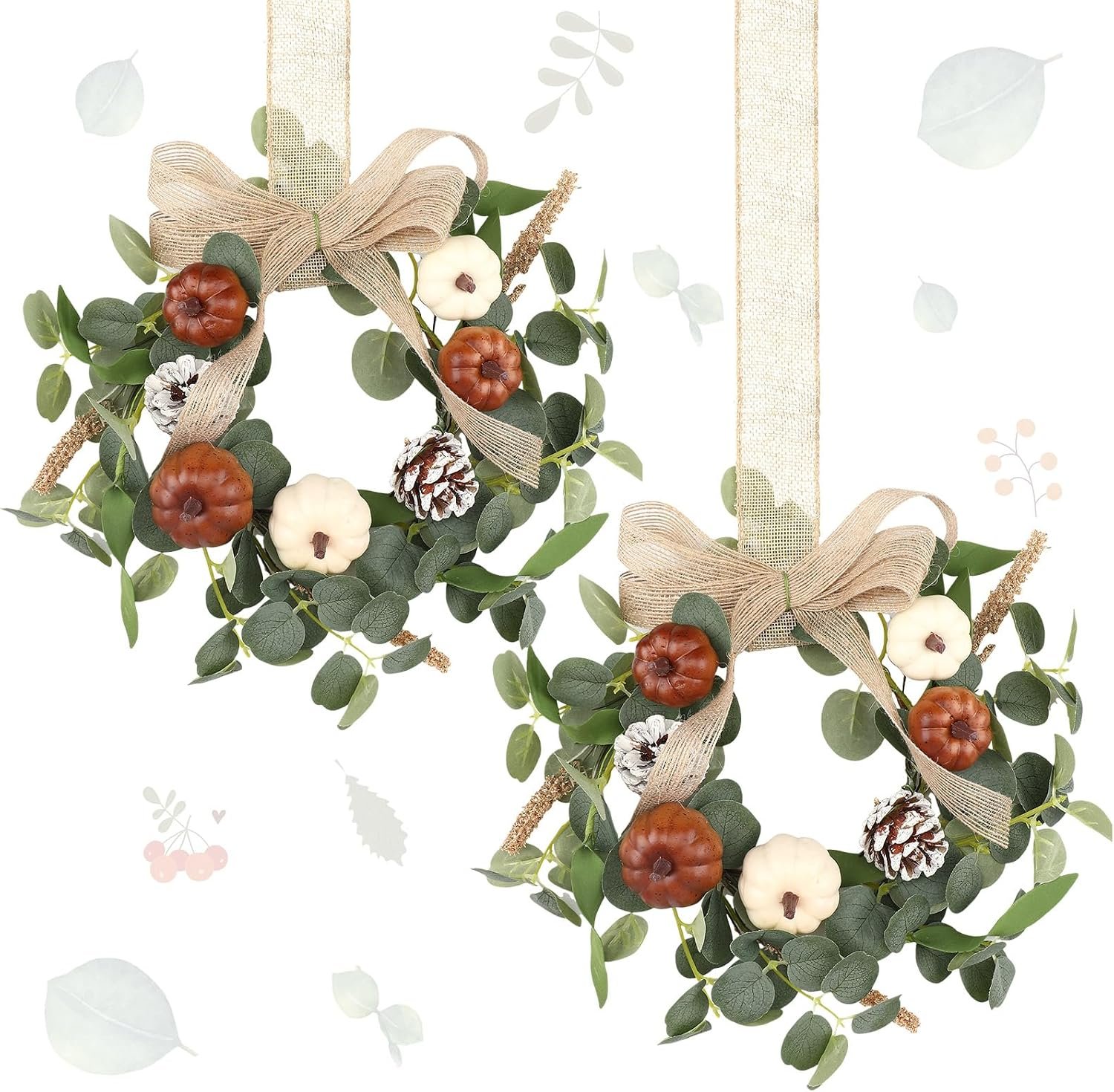 Syhood 2 Pcs 9″ Mini Fall Wreath Small Pumpkin Cabinet Wreath Autumn Eucalyptus Decor with Rustic Bow for Fall Harvest Thanksgiving Porch Wall Window Decor(Eucalyptus Pumpkin Style)