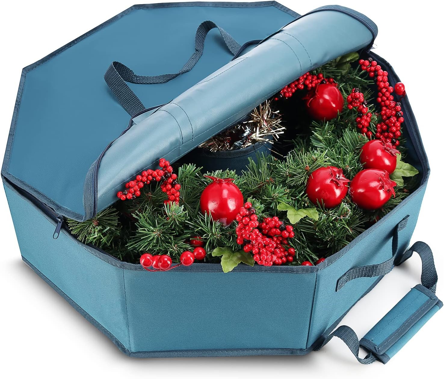 Wreath Storage Container – Hard Shell Christmas Wreath Storage Bag with Interior Pockets, Dual Zipper and Handles – 24″ Premium Wreath Storage Organizer Box by Hearth & Harbor