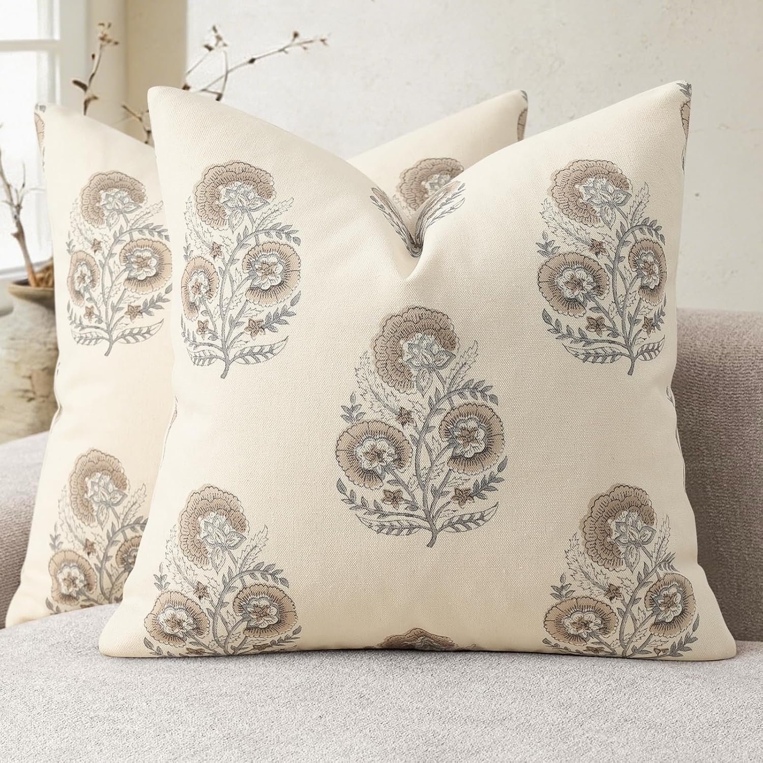 YCOLL Vintage Floral Print Pillow Covers 20×20 Set of 2 Patterned Accent Decorative Cushion Covers Modern Farmhouse Throw Pillow Covers for Sofa Couch Chair Bed Living Room Home Decor, Light Brown