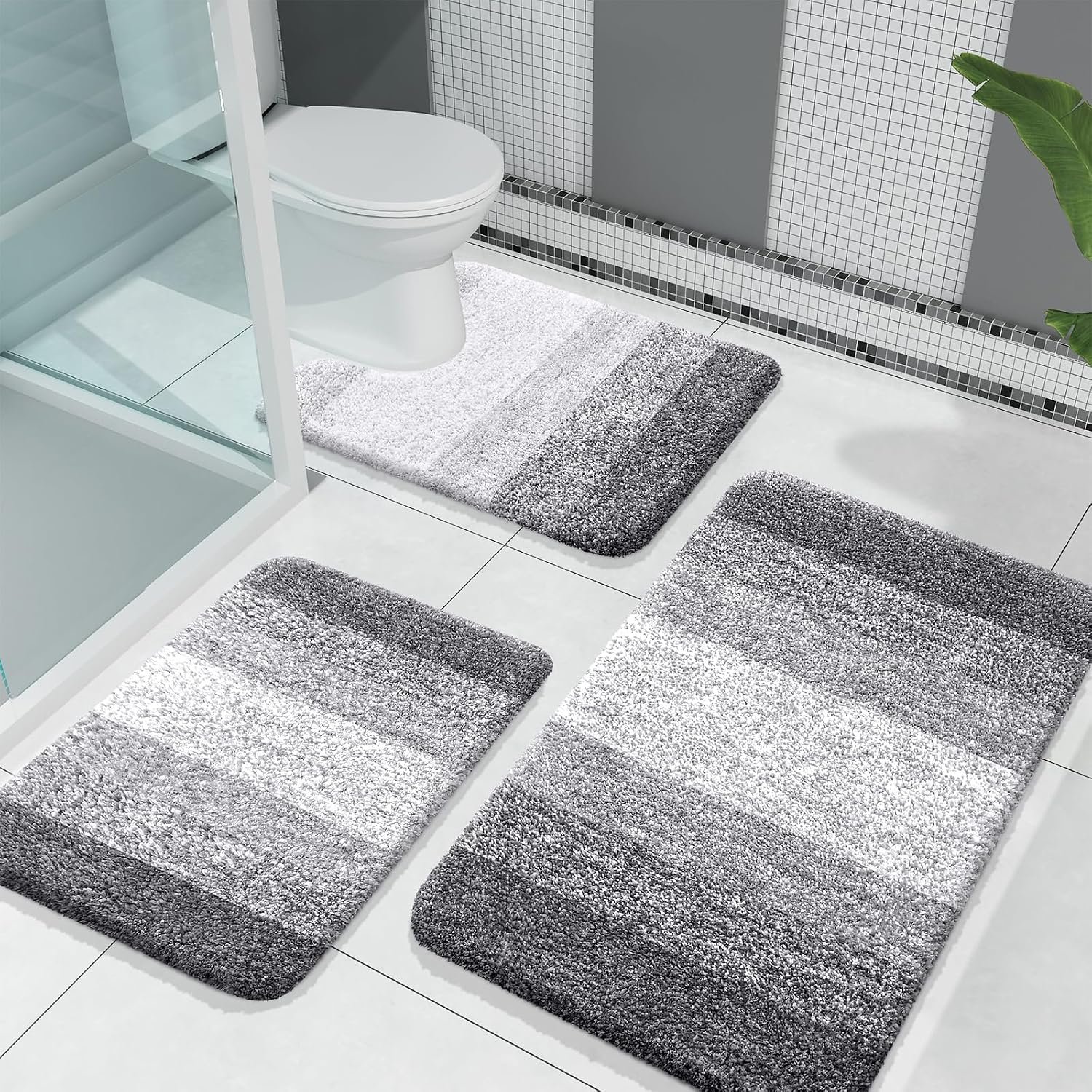 OLANLY Bathroom Rugs Sets 3 Piece, Soft Absorbent Microfiber Bath Mats and U-Shaped Contour Toilet Rug, Machine Wash Dry, Plush Shaggy Bath Mat Set for Bathroom (30″x20″+24″x16″+24″x20″, Grey)