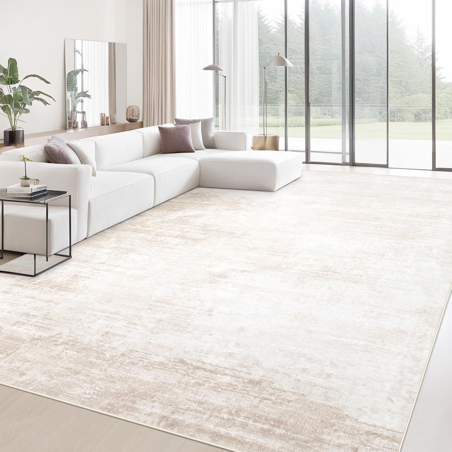 Area Rugs 9×12 Living Room: Washable Rug Modern Abstract Large Rugs Soft Non Slip Neutral Rug Stain Resistant Indoor Carpet for Bedroom Kitchen Dining Room Table Nursery Home Office Rugs(Beige,9’x12′)