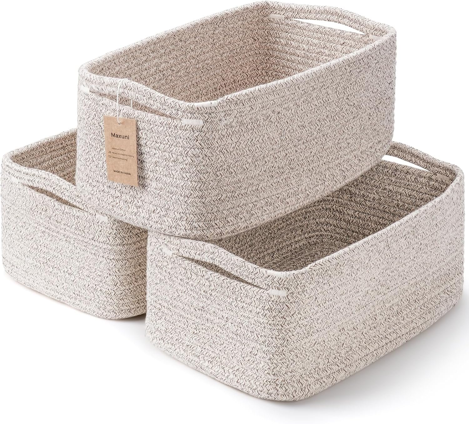 3-Pack Small Storage Baskets for Organizing | Woven Shelf Toy Basket | Rope Baskets for Gifts Empty | Closet Organizer Bins with Handles | Cube Decorative Box | 11.8×7.8×5.1” | Mixed brown