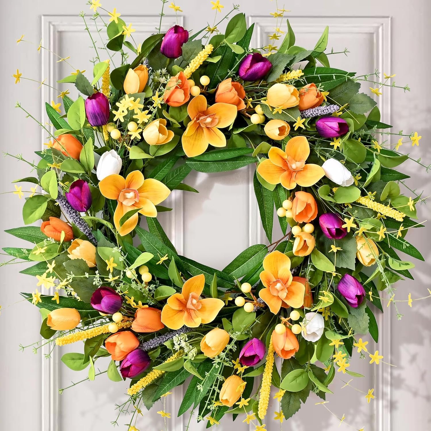 Waipfaru 24in Spring Wreaths for Front Door, Spring Summer Door Wreath, Tulip Easter Wreath with Colorful Tassels, Eucalyptus Leaves, Spring Decor for Indoor Outdoor Farmhouse Home Porch Wall Decor