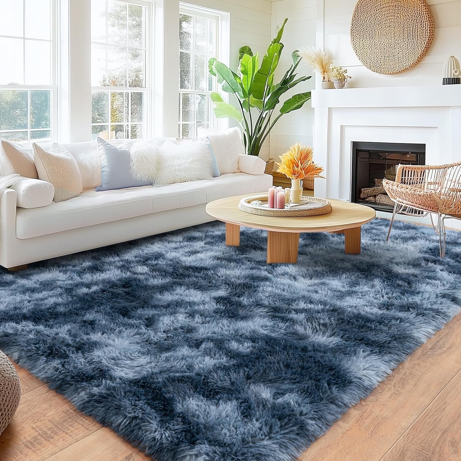 8×10 Area Rugs for Living Room, Large Ultra Fluffy Fuzzy Shag Rug for Bedroom, Modern Plush Soft High Pile Upgrade Non-Slip Carpet for Kids Girls and Boys Room Decor, Tie-Dyed Blue Grey