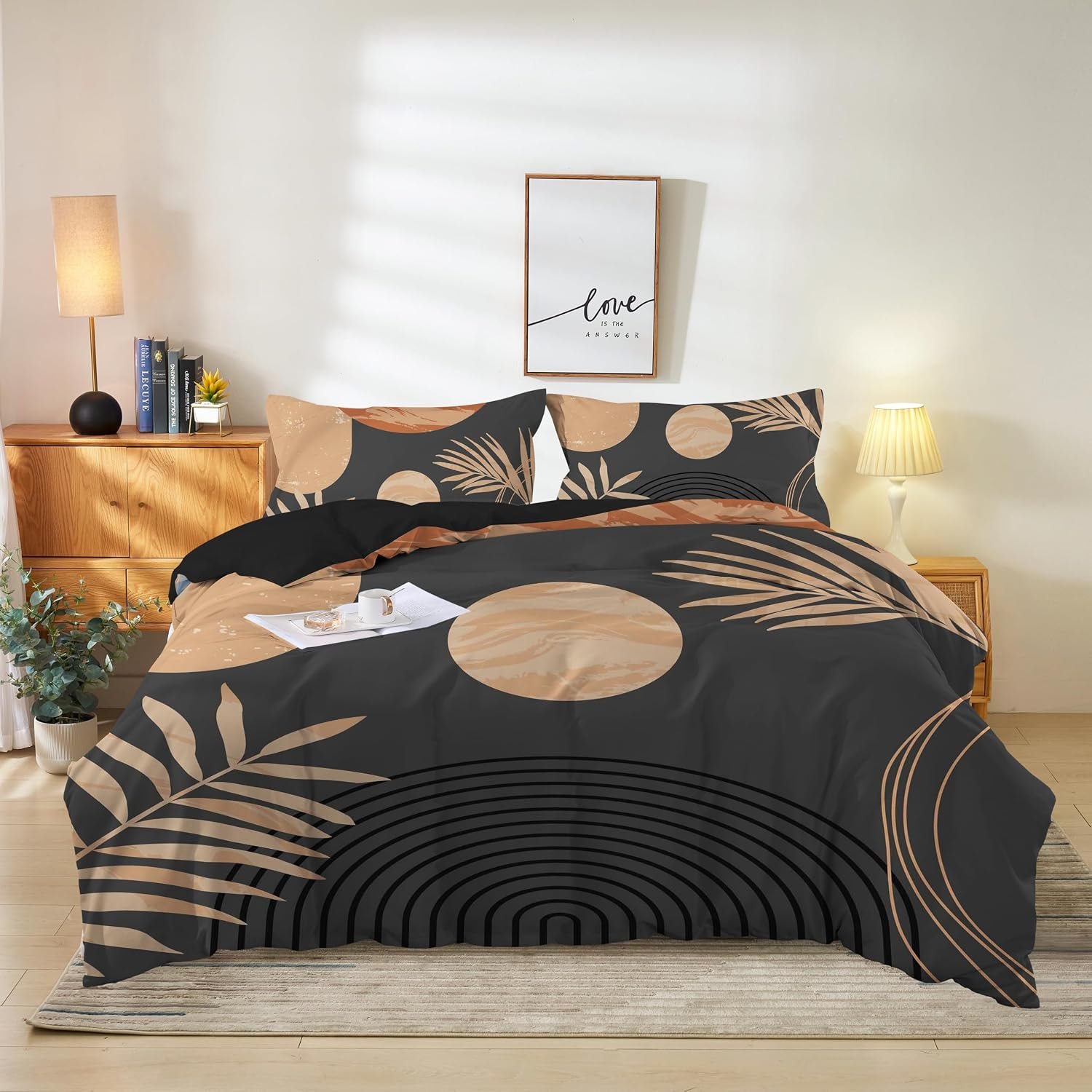 Hilioens Duvet Cover Abstract Arch Sun Modern Mid Century Boho Bedding Sets for All Seasons, 3 Pieces Home Bedroom Decorations Soft Microfiber(Queen,Brown