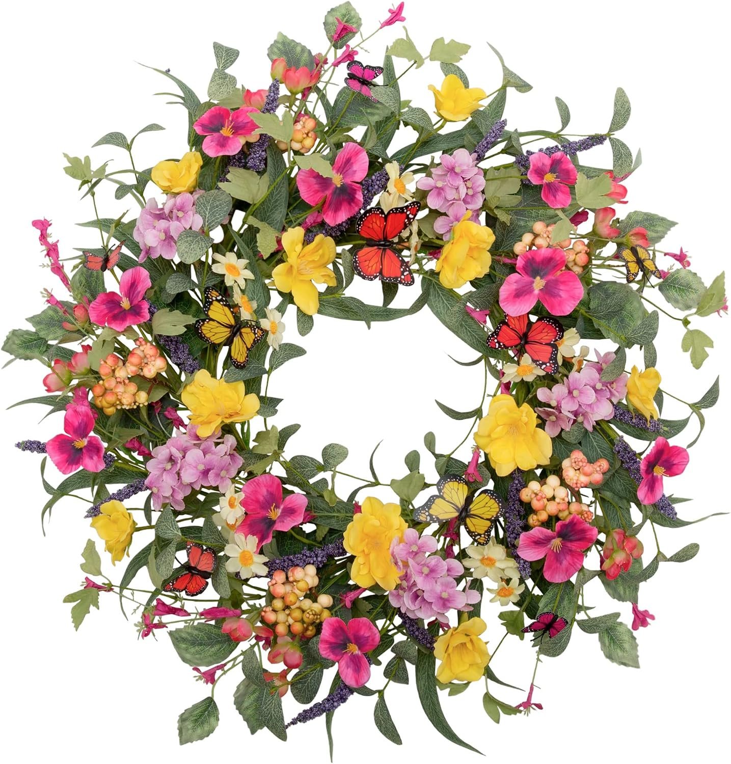 20 inch Flower Wreath Spring Door Wreath Artificial Summer Wreath Spring Decorations with Colorful Silk Flowers and Butterflies for Home Wedding Farmhouse Holiday Decor