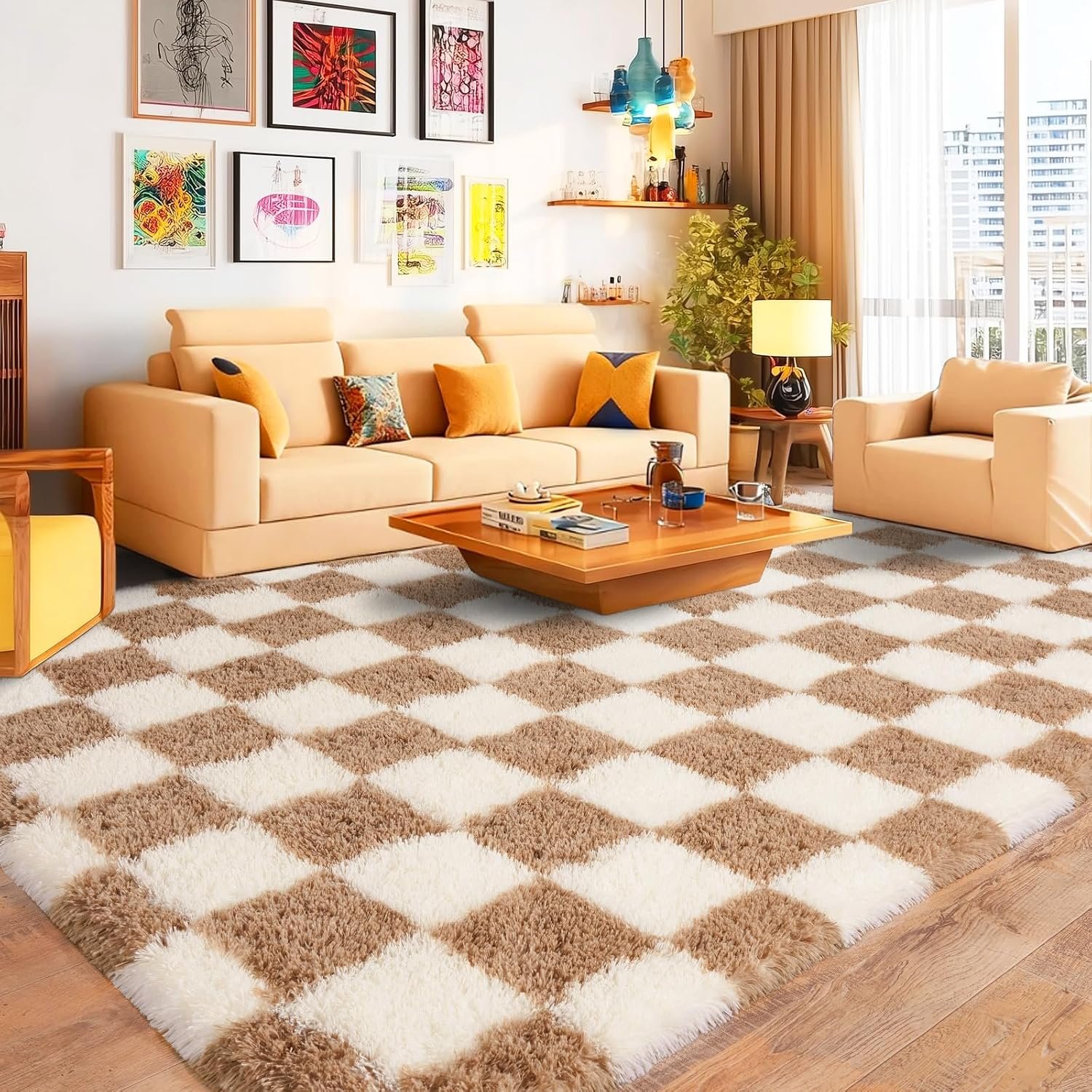 Pionblank 8×10 Area Rugs for Living Room, Fluffy Plush Checkered Rug for Bedroom, Shag Non Slip Soft Furry Large Carpet for Kids Room Nursery Home Decor, Beige and Cream White