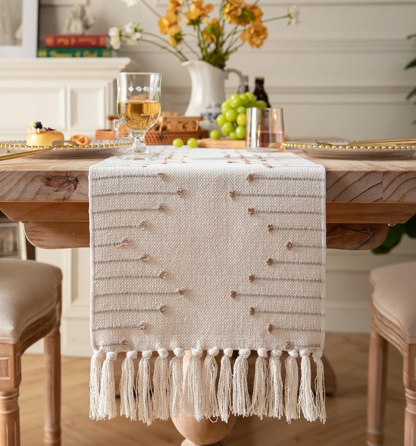 Boho Table Runner 13 x 90 Inch Long Natural Cotton Woven Runner with Tassels for Home Dining Table décor, for Modern Farmhouse Decor Coffee Table Runner, Taupe and Beige
