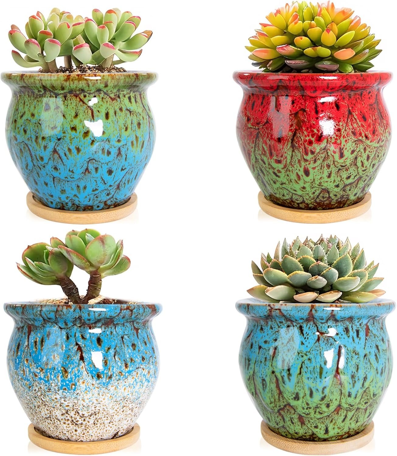 ARTKETTY Succulent Pots – 4 Pack Small Plant Pots with Drainage Tray, 4.5 Inch Ceramic Planters for Indoor Plants Colorful Cactus Flower Planter, Gifts for Women