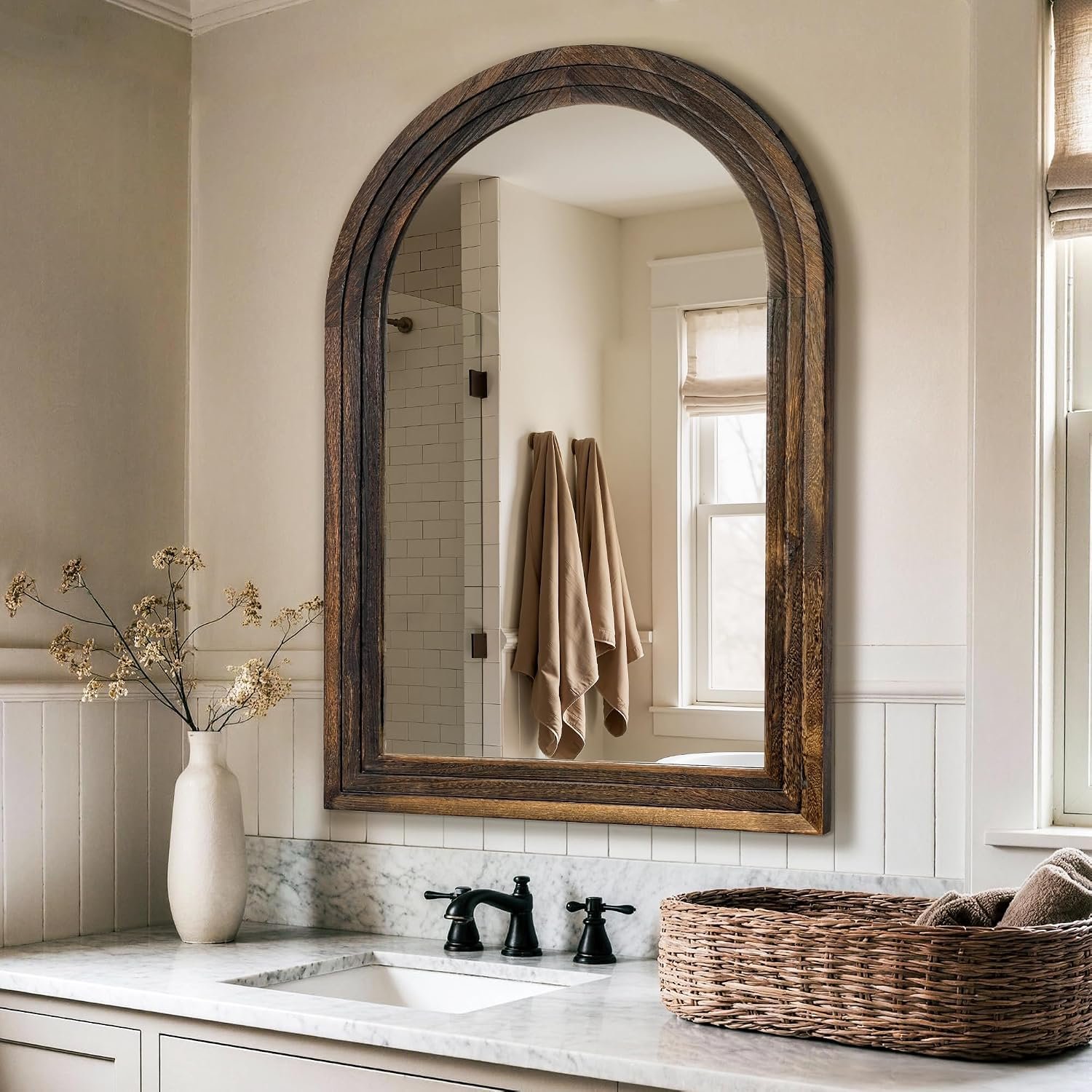 TRAHOME Arched Bathroom Mirror, 38″x26″ Brown Wood Frame Wall Mirror, Farmhouse Vintage Vanity Mirror with Layered Frame for Entryway, Living Room, Bedroom