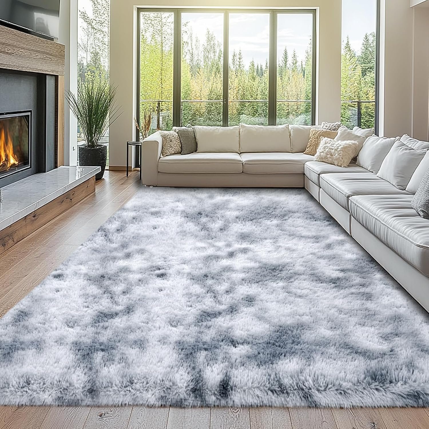 Shag Rugs for Bedroom Living Room: Fluffy Area Rugs for Living Room- 8×10 Large Soft Tie-Dyed Light Grey Rugs for Bedroom- Fuzzy Plush Modern Carpets for Kids Room (Tie-Dyed Light Grey, 8x10Feet)
