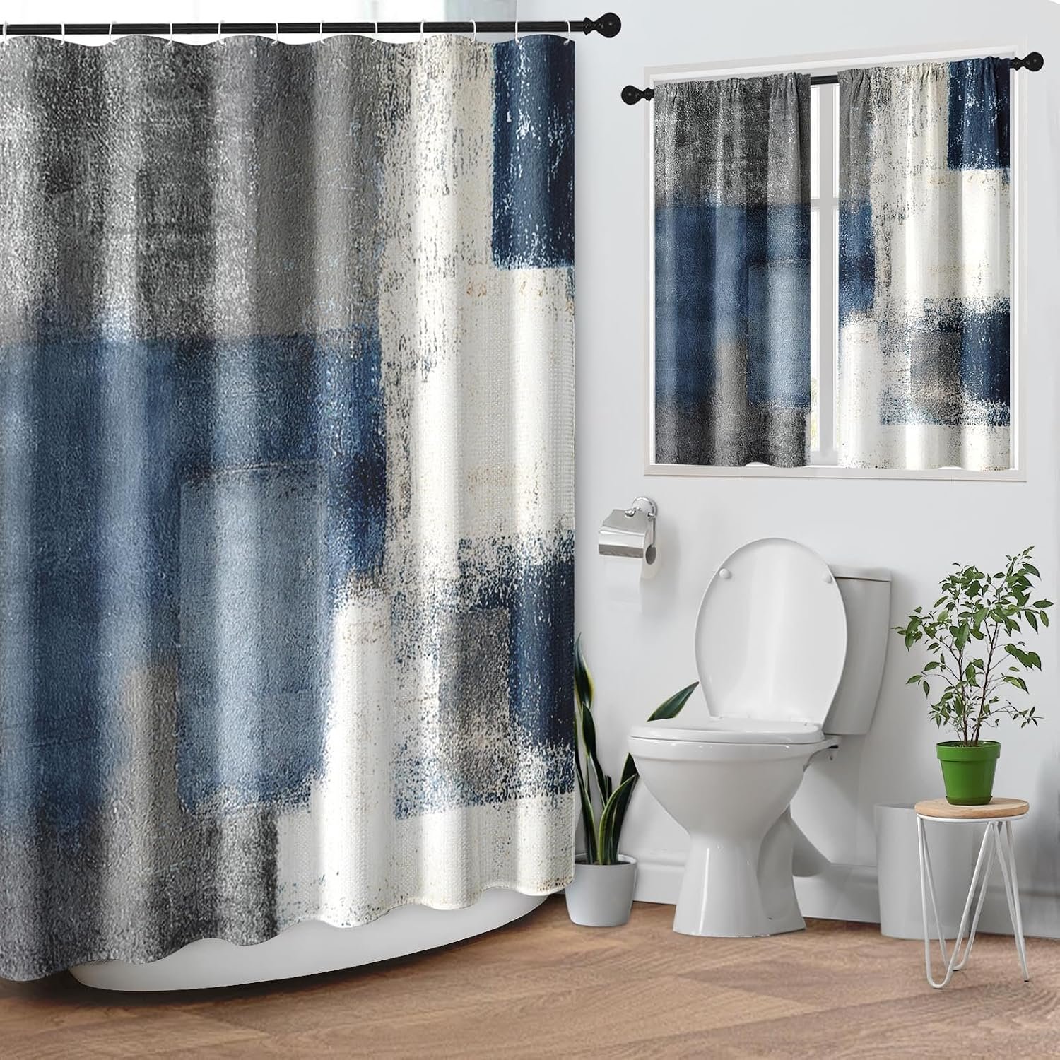 Navy Blue Grey Painting Shower Curtain Set, Gray Contemporary Modern Abstract Bathroom Window Waterproof Shower Curtain Set for Bathroom Decor