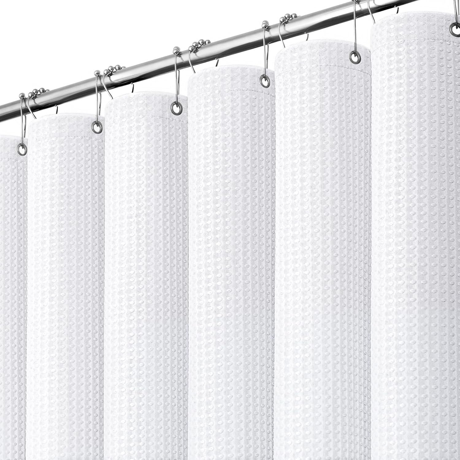 Dynamene White Fabric Shower Curtain, Waffle Weave Heavy Duty Thick Fabric Shower Curtains for Bathroom, 256GSM Weighted Hotel Luxury Cloth Shower Curtain Set with 12 Plastic Hooks, 72Wx72H, White