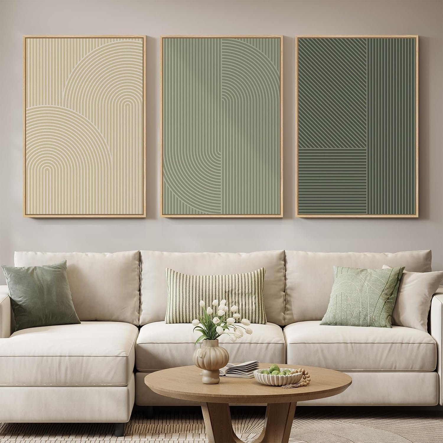 Large Framed Green and Neutral Beige Abstract Wall Art for Living Room, 3 Piece Modern Canvas Prints Paintings, Minimalist Geometric Line Pictures for Hallway Dining Bedroom Office Wall Decor 24×36 In