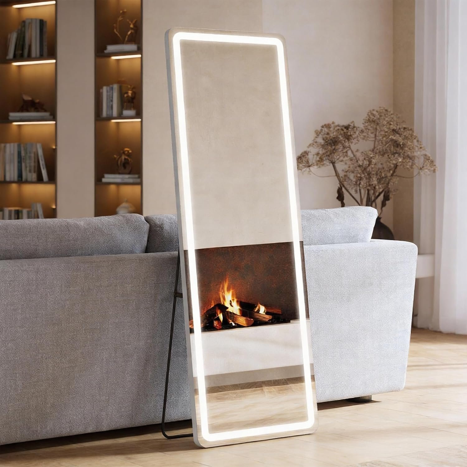 NEWBULIG 64″x21″ Full Length Mirror, Light Floor Mirror, White|3 Color Lighting, Aluminum Alloy Thin Frame, Wall or Standing Mirrors for Bedroom, Living Room, Dressing Room
