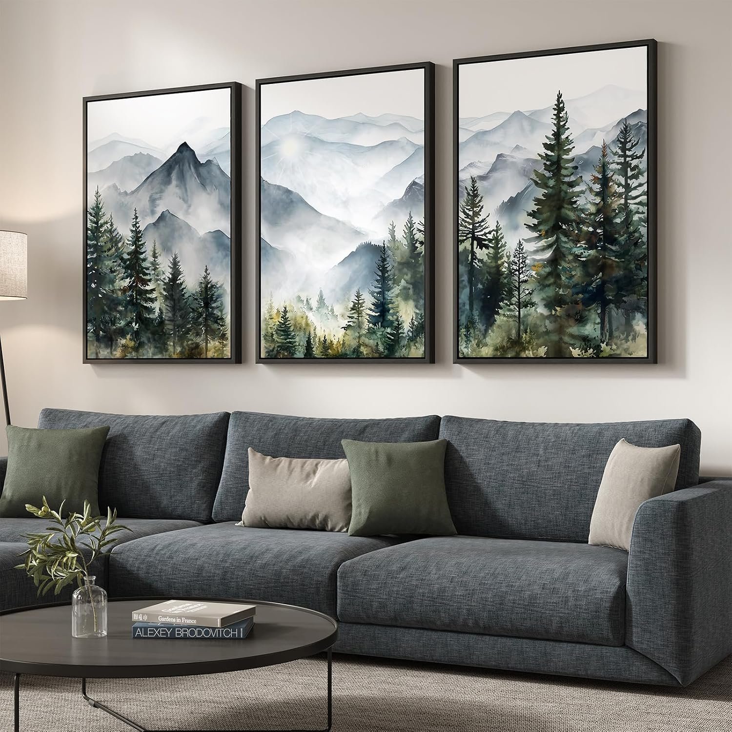 Framed Mountain Landscape Wall Art for Living Room, Large Foggy Forest Watercolor Artwork for Walls, 3 Piece Nature Mountain Forest Paintings Prints for Hallway Office Kitchen Wall Decor, 24×36 Inch