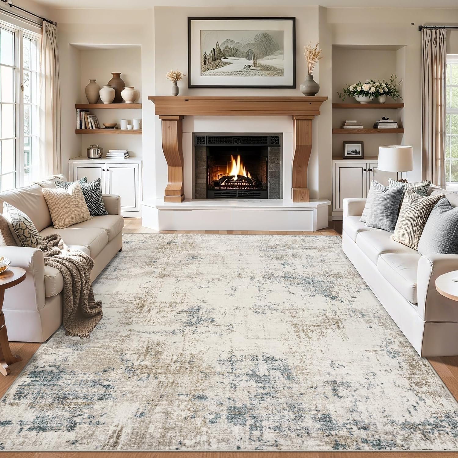 8×10 Area Rugs for Living Room – Washable Rug Modern Abstract Soft Large Neutral Non-Slip Carpet Indoor Floor Stain Resistant Thin Carpets for Bedroom Dining Room Farmhouse Nursery Home Office Multi