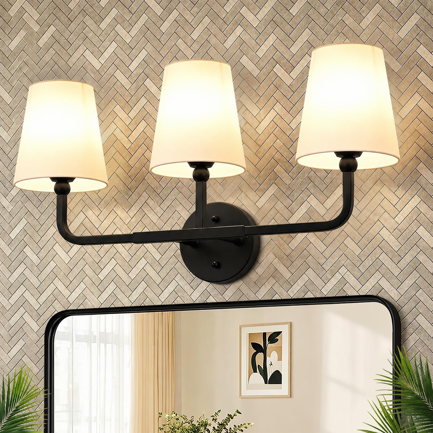 MOKATNG Bathroom Light Fixtures, 3-Light Matte Black Vanity Lights, Bathroom Lighting Fixtures Over Mirror with Flared White Fabric Shade, Modern Wall Sconces for Living Room Hallway