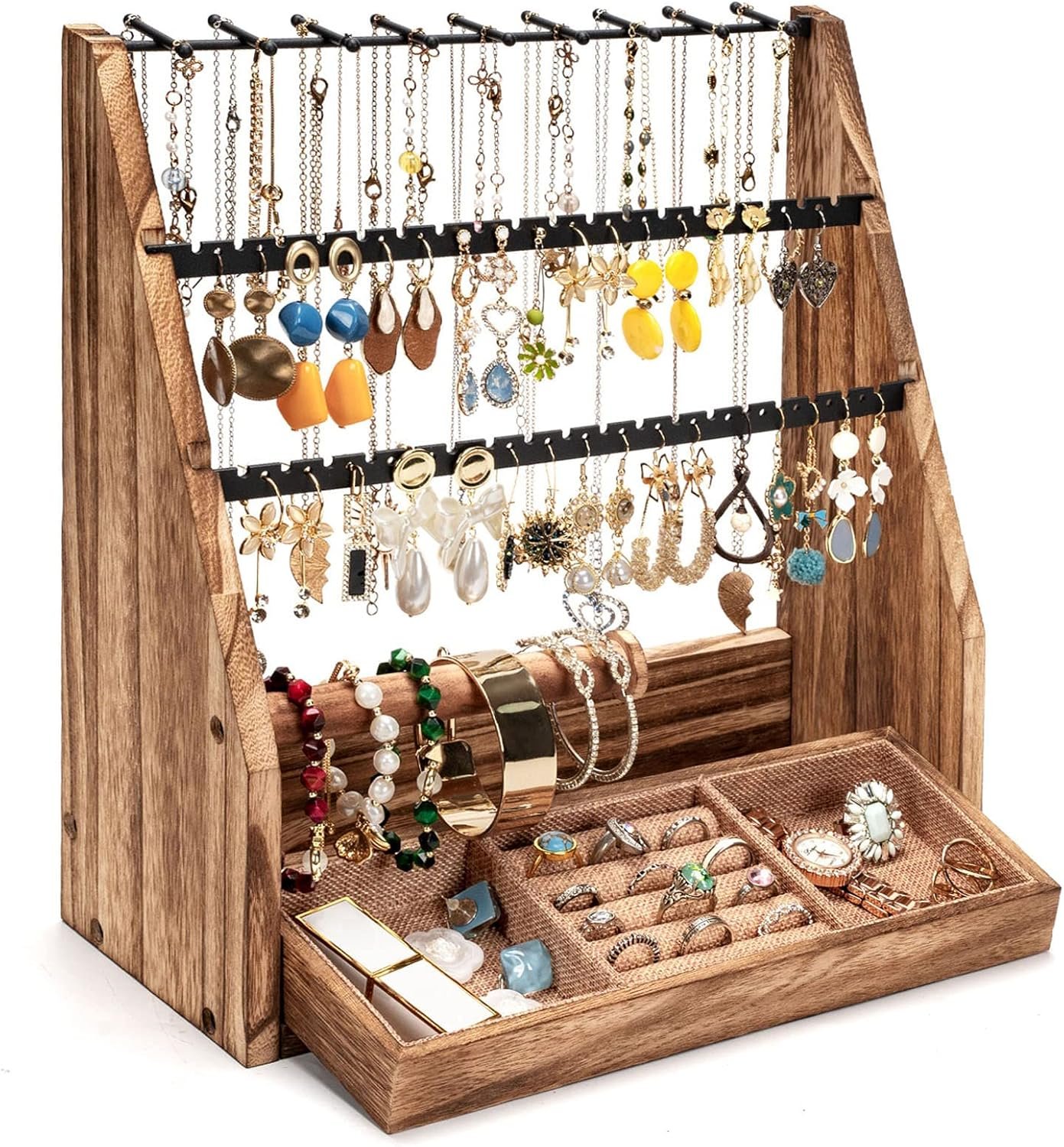 DGWJSU Jewelry Organizer Stand, 5 Layer Earring Holder Organizer with Necklace Holder, Rustic Wood Earring Organizer Display for Stud Earring Bracelet Necklace Ring, Watches