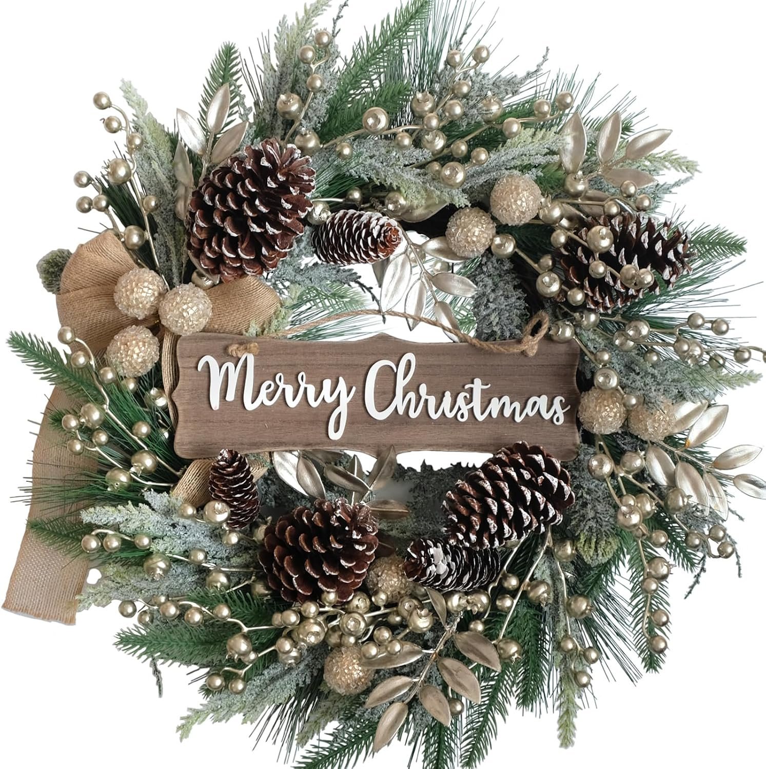 Idyllic 24 Inch Christmas Wreath with Pine Needles, Berries, Pine Cones, Ribbons – Artificial Xmas Decoration for Indoor/Outdoor Use