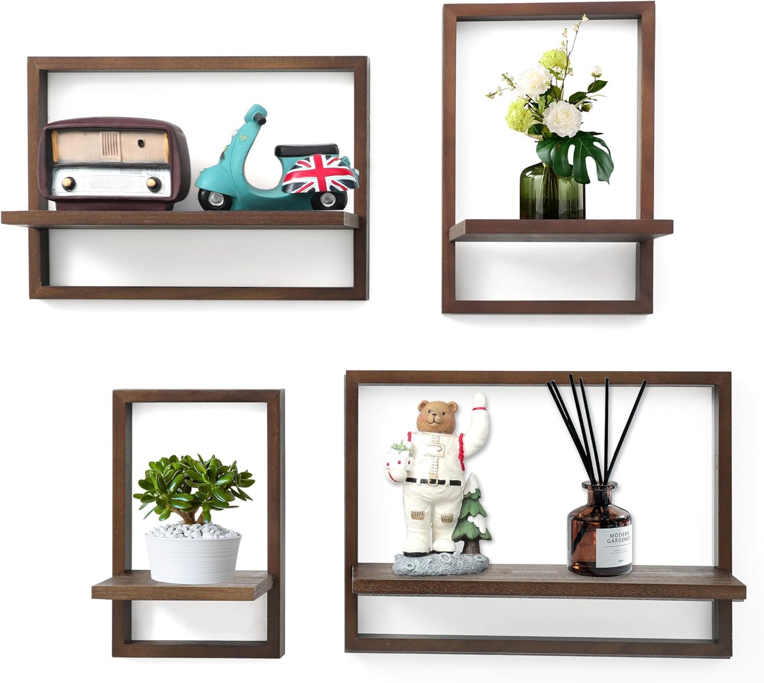 PHOENANCEE Square Floating Shelves,Framed Wall Shelf Decorative Set of 4,Modern Plants Hanging Display Art Decor Storage for Livingroom Bedroom Bathroom Farmhouse,Home Light Wood,Rustic Walnut