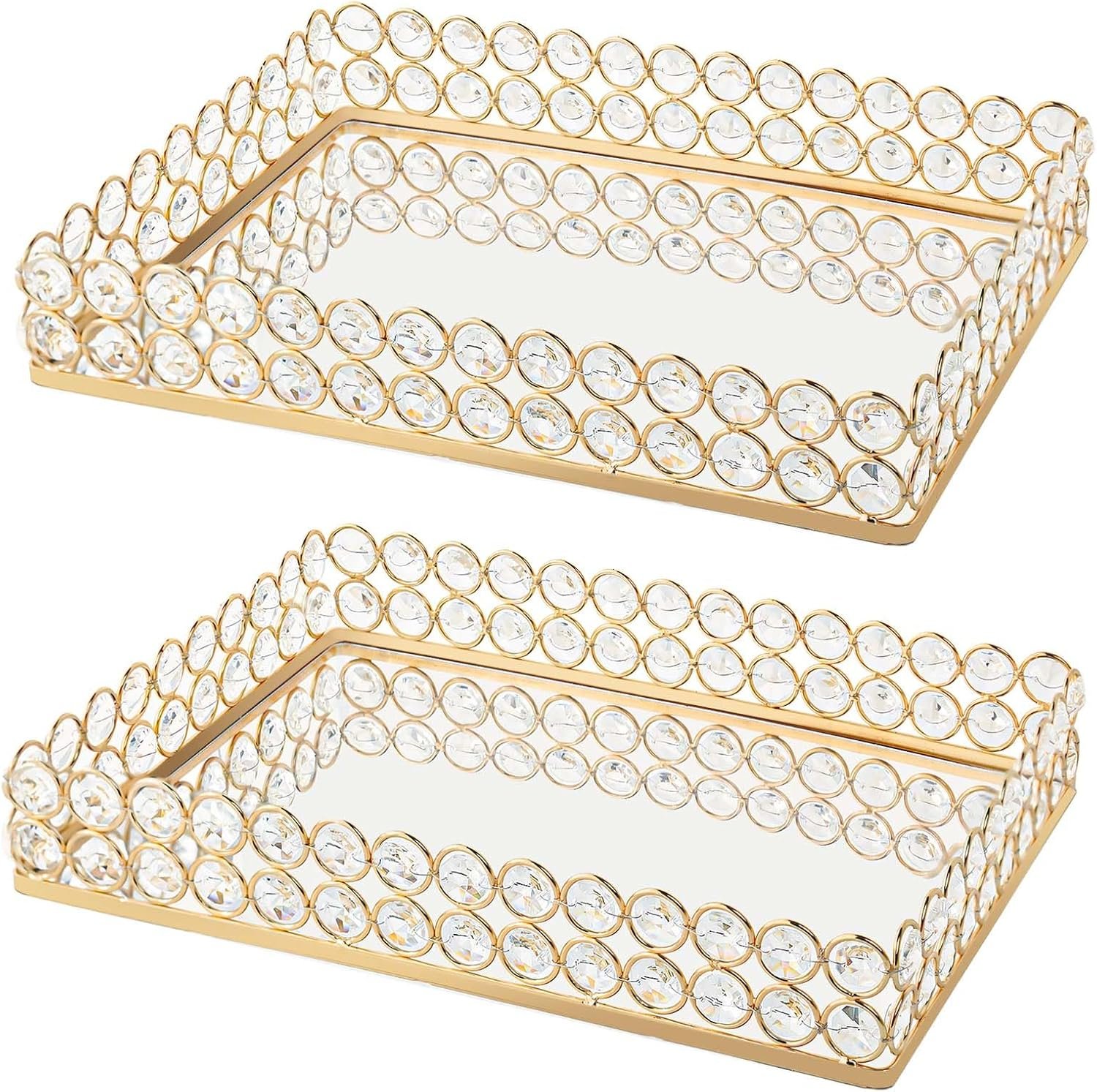 2 Pcs Gold Metal Crystal Mirror Tray – 11.2″x8.1″ Table Centerpieces Tray, Multi-Functional Display for Flowers/Cupcakes/Jewelry, Vanity Organizer & Wedding Dessert Table Accent