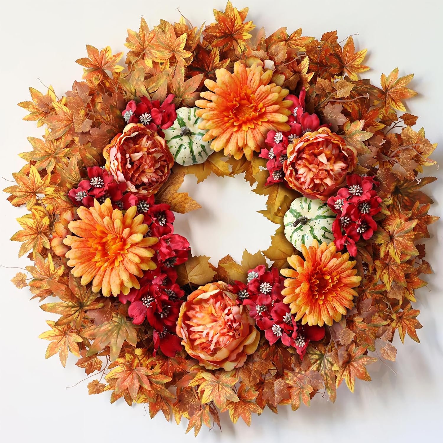 26″ Fall Wreath for Front Door – Large Artificial Maple Leaves Fake Silk Peony Faux Pumpkin Outdoor Wreath for Porch, Window,Farmhouse,Home,Thanksgiving Day Harvest Festival Autumn Decor