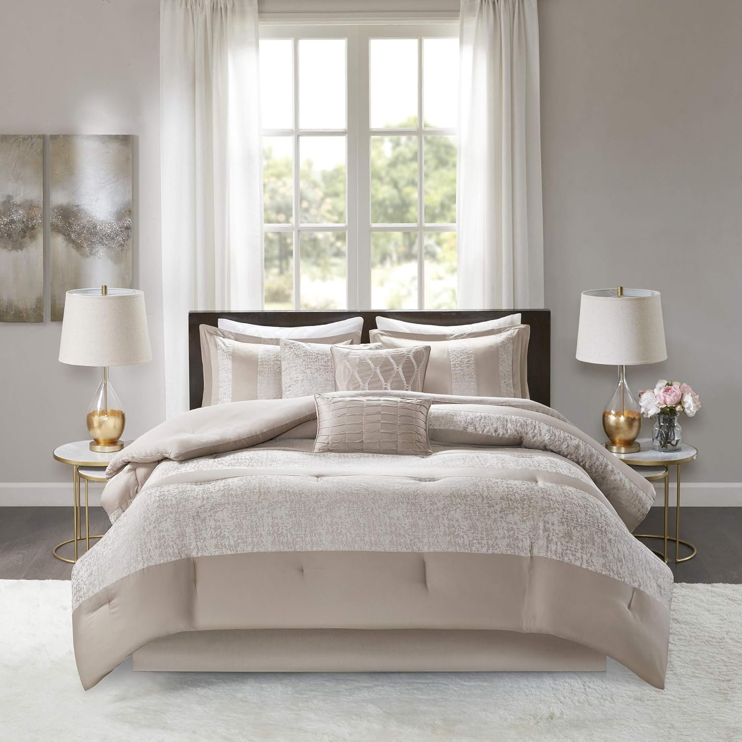 Madison Park Luxury Comforter Set-Traditional Jacquard Design All Season Down Alternative Bedding, Matching Bedskirt, Decorative Pillows, Cal King(104″x92″), Ava, Pieced Taupe 7 Piece