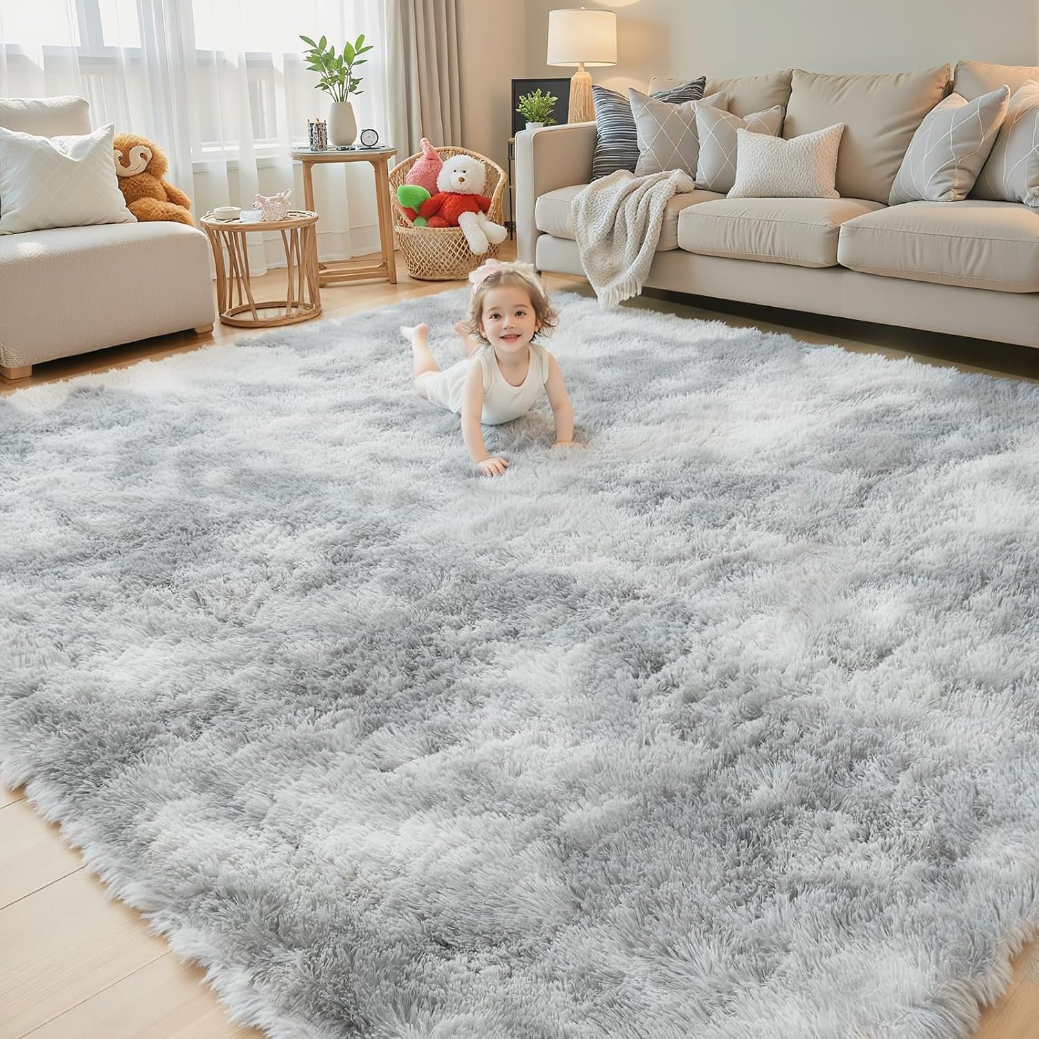8×10 Area Rugs for Living Room Bedroom, Large Area Rug Shag Shaggy Carpet Soft Plush Furry Bedside Rug, Rugs for Home Decor (Light Grey Tie-Dyed, 8×10 Feet)