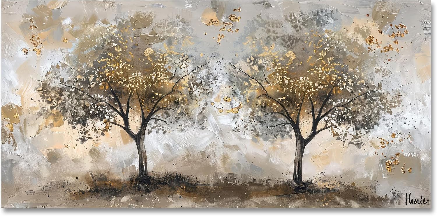 Boswaydeco Landscape Gold Tree Wall Art – Autumn Golden Forest Canvas Painting for Bedroom, Living Room, Office Decor – Gold Brown Picture Print