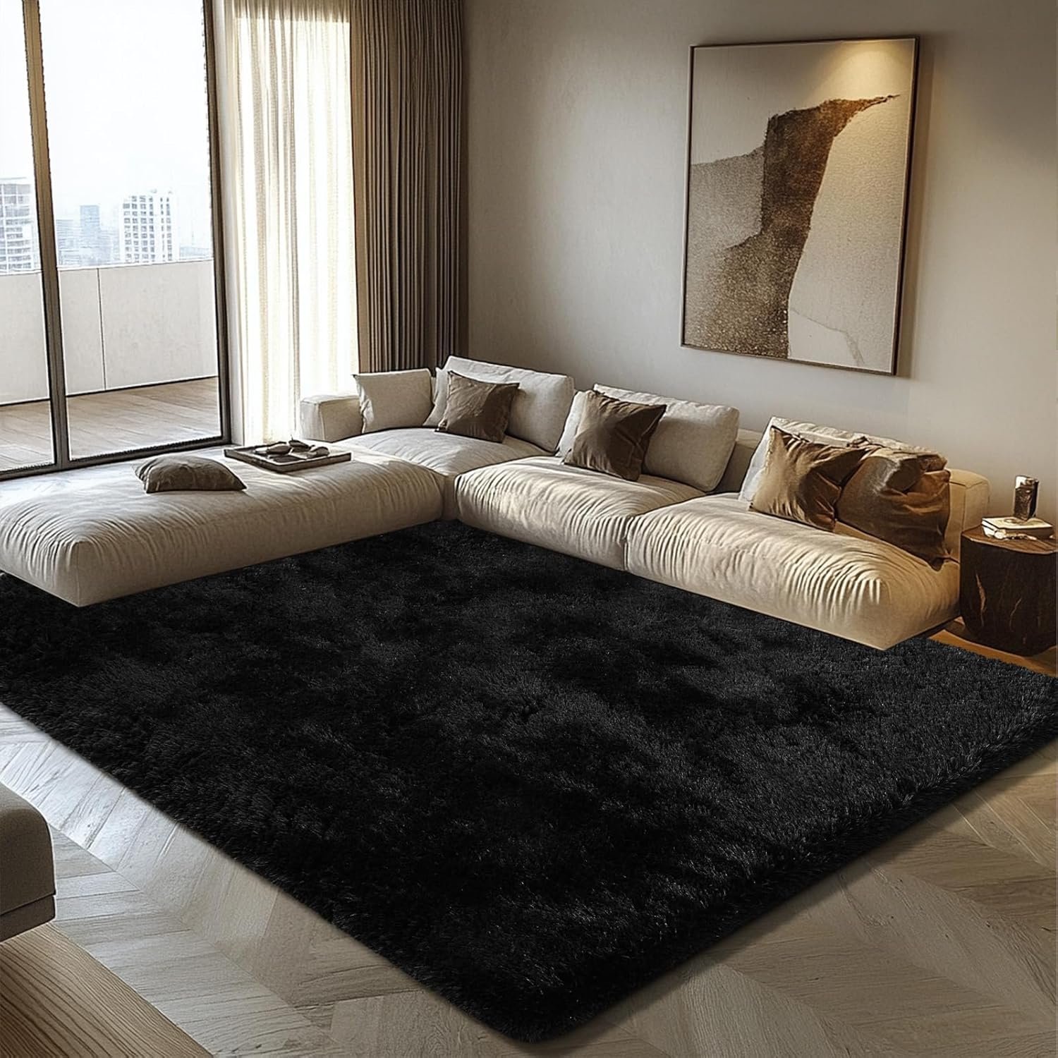 8×10 Fluffy Area Rugs for Living Room,Shag Area Rug for Bedroom,Black Soft Fuzzy Rug Non-Shedding Indoor Plush Carpet for Bedroom Home Decor