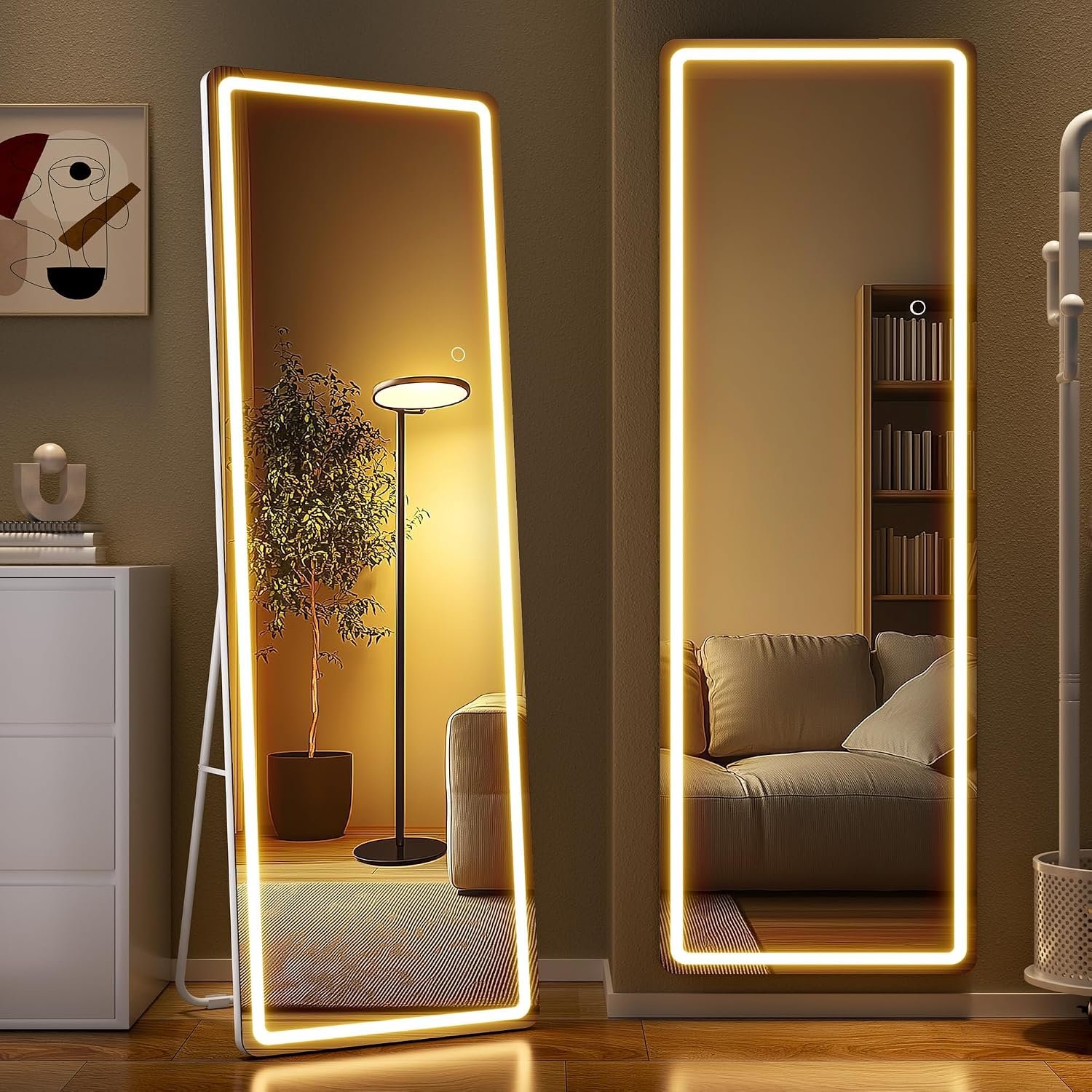 Full Length Mirror with Lights, 56″ x 15.8″ LED Lighted Floor Standing Body Mirror, Dimmable & 3 Color Lighting Cloakroom, Dressing Room, Tempered Glass, Rounded Corner White