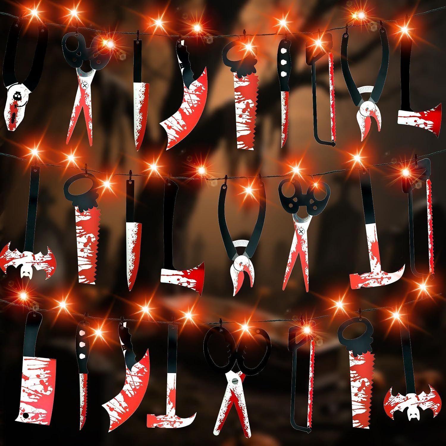 Halloween Party Decorations with 11FT Halloween Lights String and 15 Fake Props, 8 Modes Timer Waterproof Indoor Outdoor Battery Operated, Orange