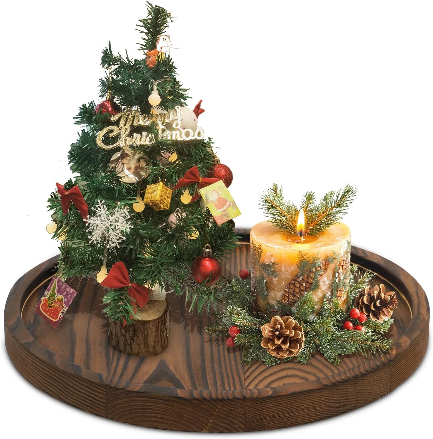 DEBETOOL Round Wooden Decorative Tray for Decor – Rustic Farmhouse Coffee Table Tray, Handmade Candle Holder Plate for Christmas Table Decorations and Centerpiece