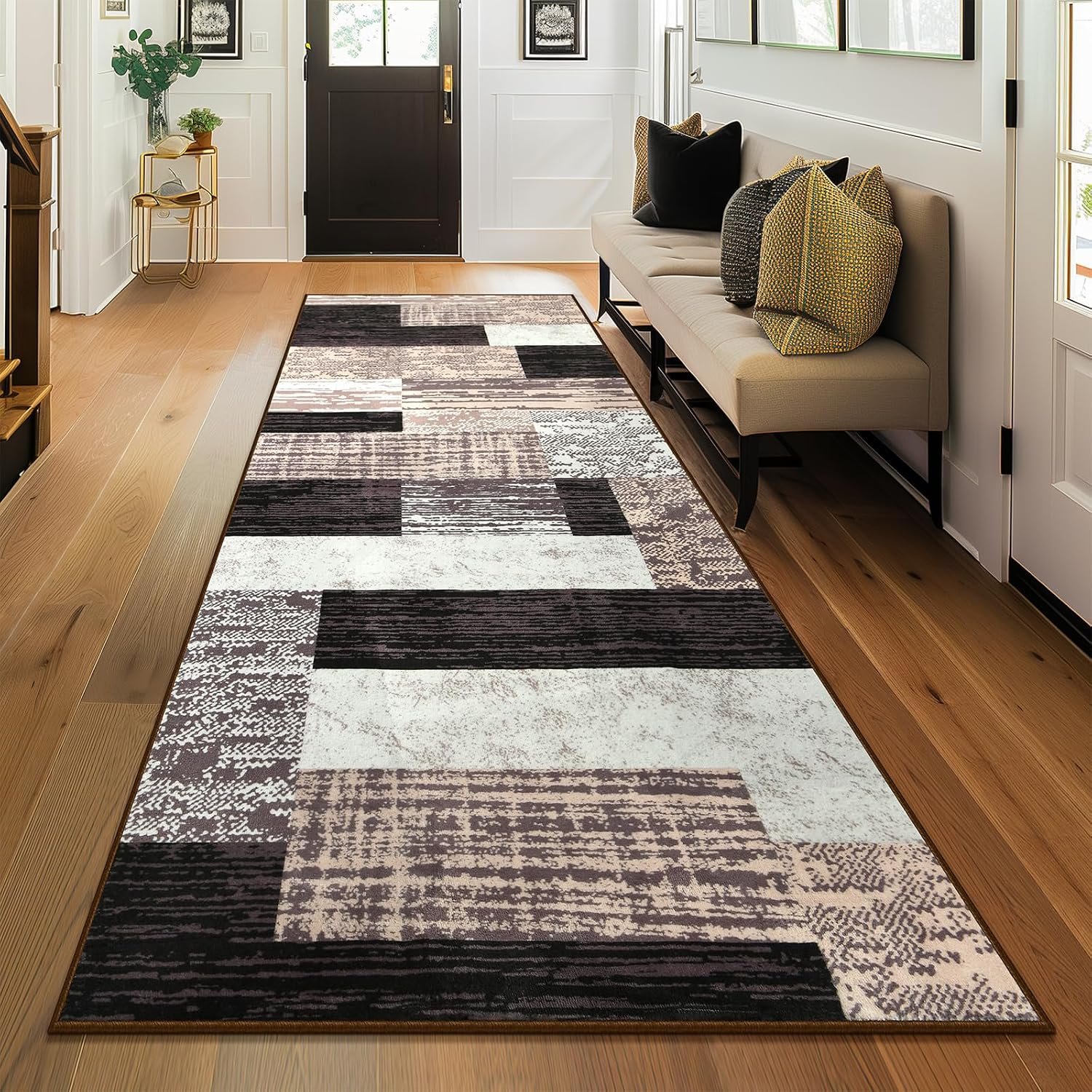 Indoor Runner Rug, Washable Runner Rug with Rubber Backing, Modern Geometric Patchwork Aesthetic Carpet for Bedroom, Living Room, Hallway, Entryway, Washable Rug Rockwood Collection, 2×6 Ft Chocolate