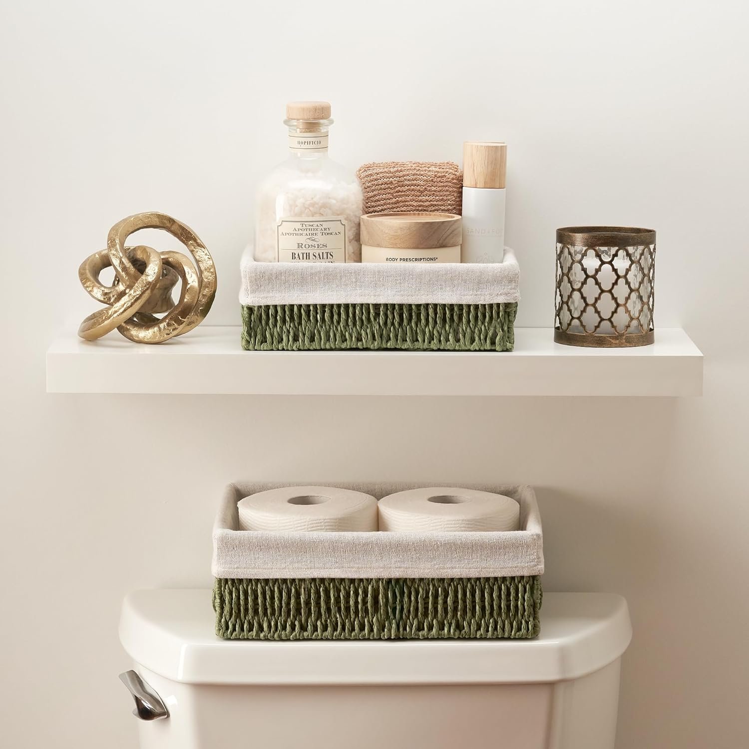 Beautiful Toilet Paper Storage Basket Set of 2 – Decorative Wicker Bathroom Organizer for Toilet Tank Trays – Quality Holder Bin for Shelves Fits Perfectly with Any Bathroom Decor