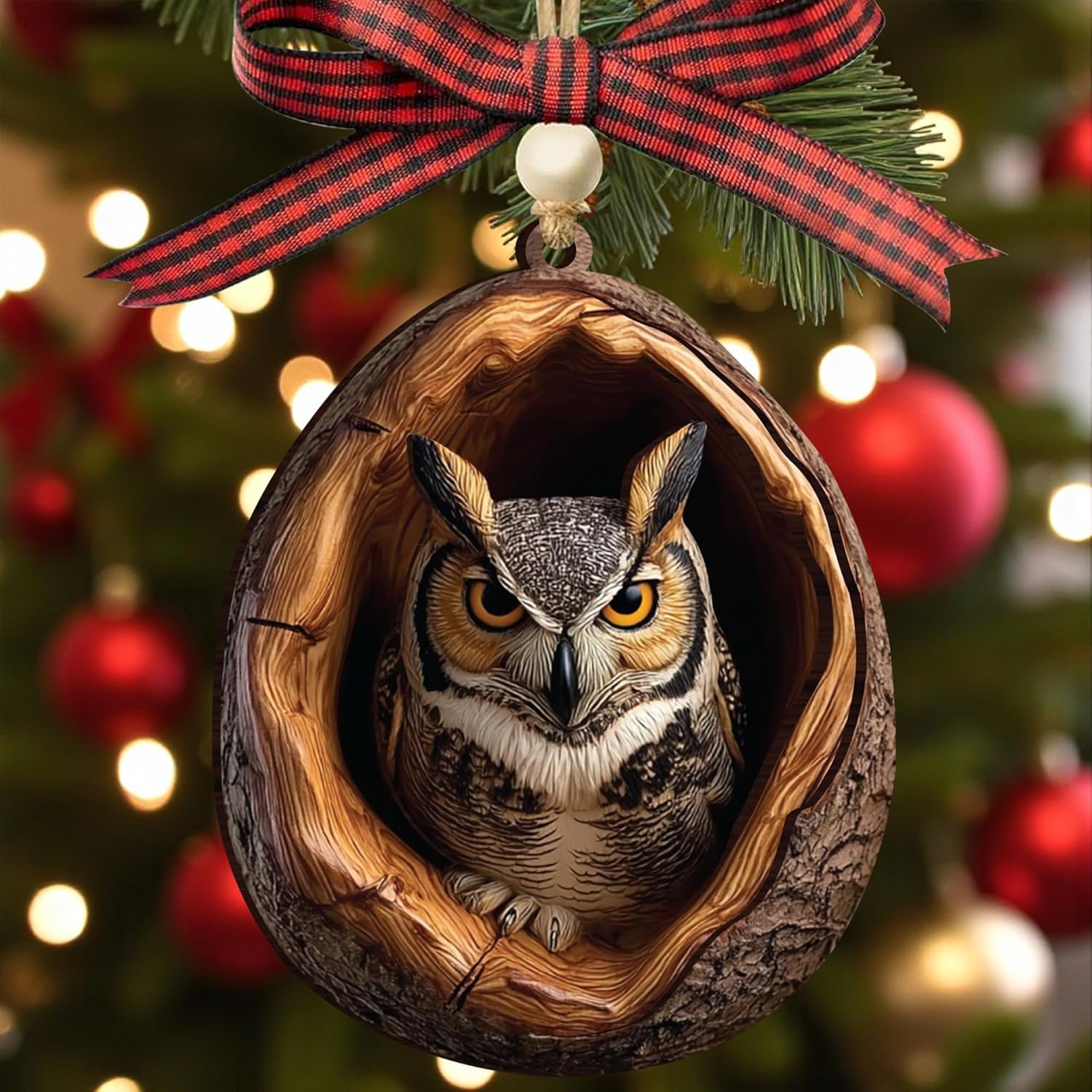 Owl Ornaments for Christmas Tree, 3.54” 3-Layer Flat Wood Ornament, Realistic Owls Decor, Unique Owl Gifts for Women 2025,Happy New Year Gifts for Owls Lovers, Gift Exchange Ideas